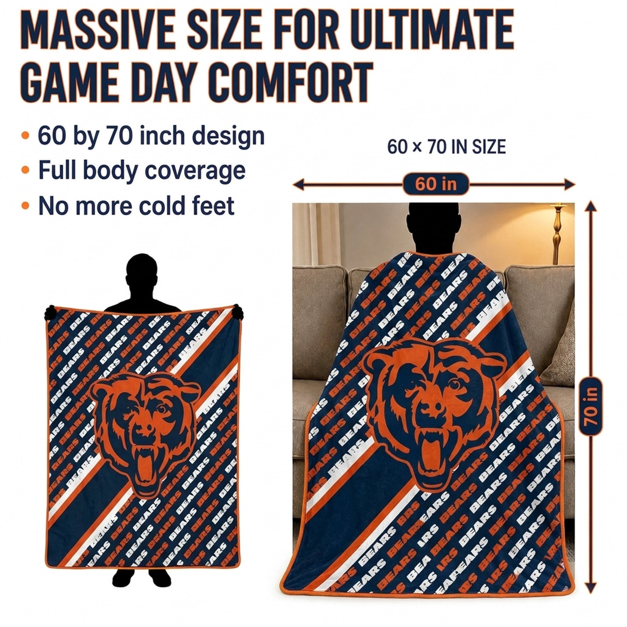 Couverture ultra douce Pegasus Chicago Bears 60" x 70" (diagonale) avec logo et doublure