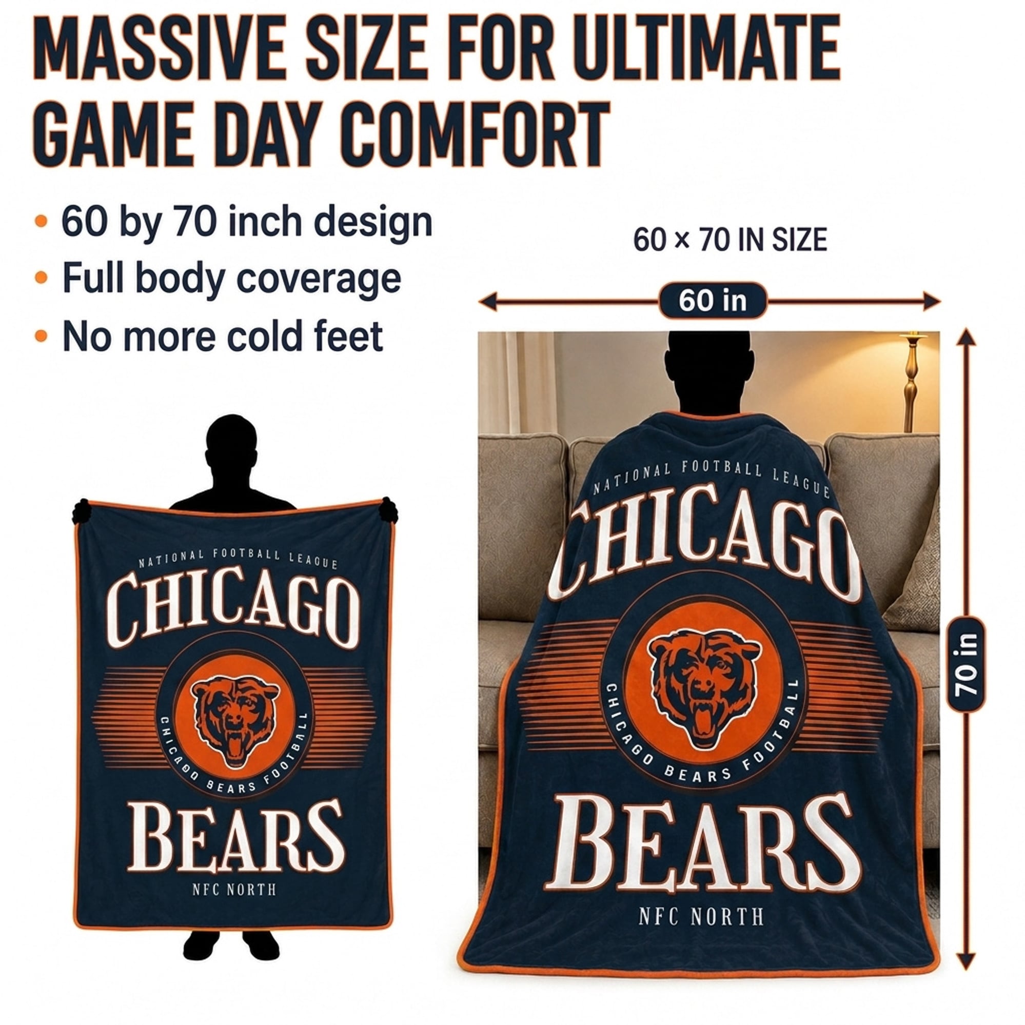 Couverture ultra douce Pegasus Chicago Bears Spotlight Arch 60" x 70"