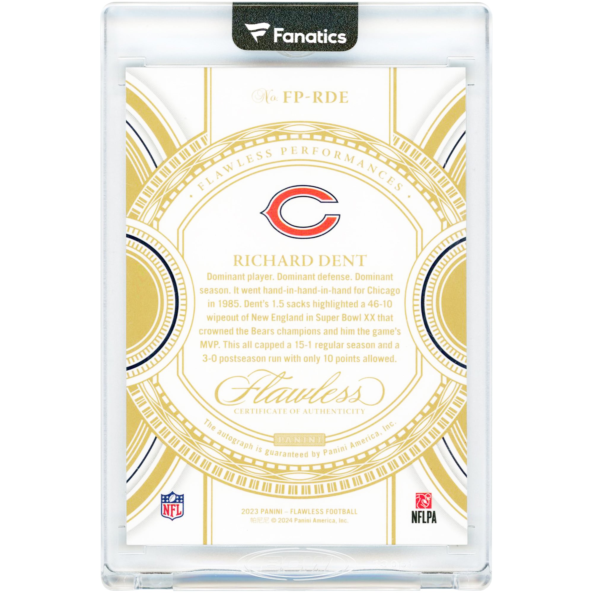 Richard Dent Chicago Bears Autographed 2023 Panini Flawless Ruby Flawless Performances #FP-RDE #10/15 Card
