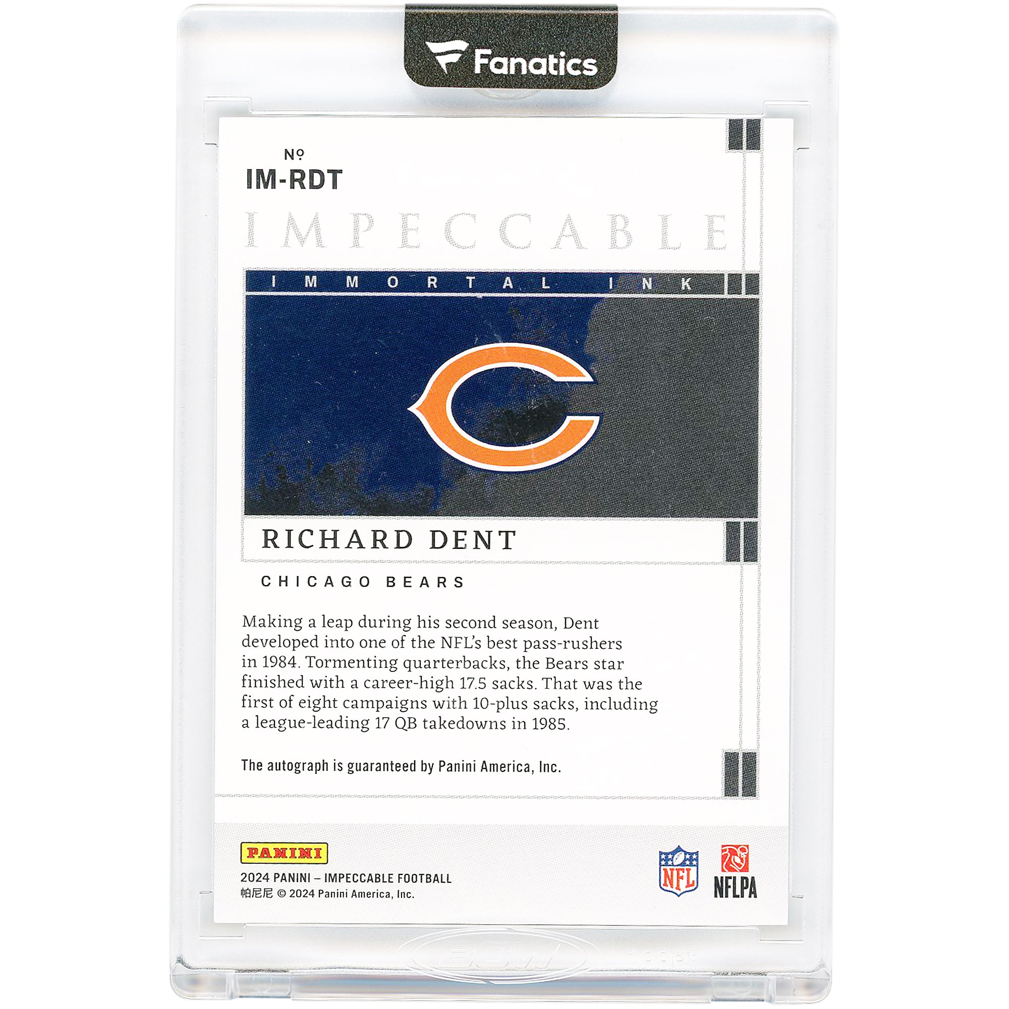 Richard Dent Chicago Bears Autographed 2024 Panini Impeccable Immortal Ink #IM-RDT #18/25 Card