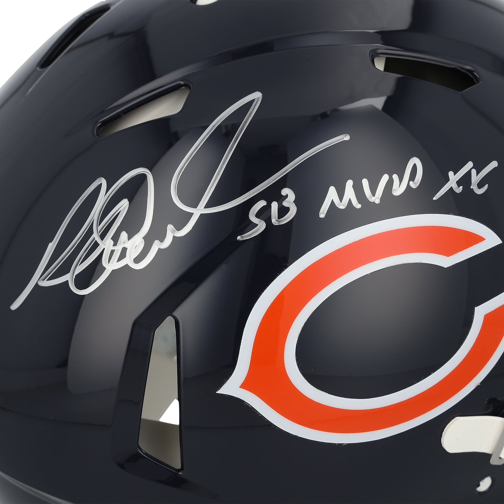 Casque Riddell Speed ​​Authentic autographié par Richard Dent, joueur des Chicago Bears, avec inscription « SB XX MVP ».