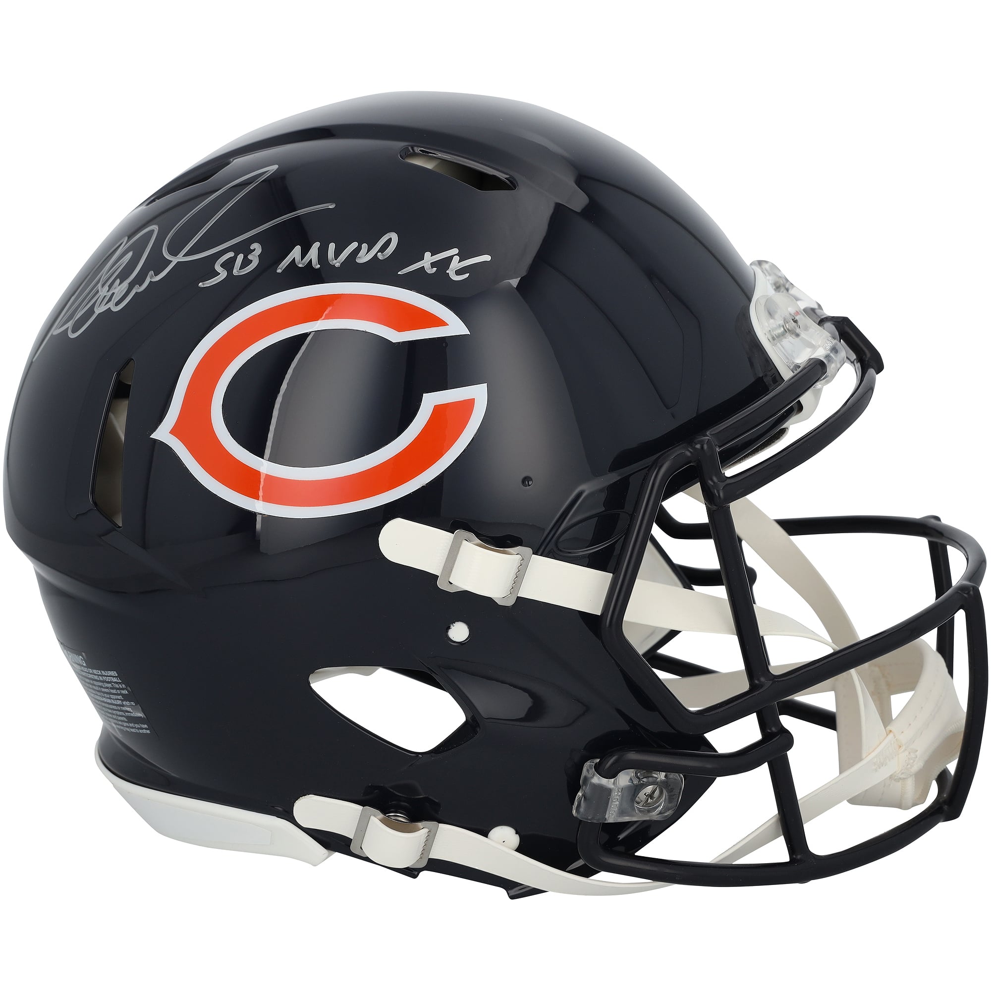 Casque Riddell Speed ​​Authentic autographié par Richard Dent, joueur des Chicago Bears, avec inscription « SB XX MVP ».