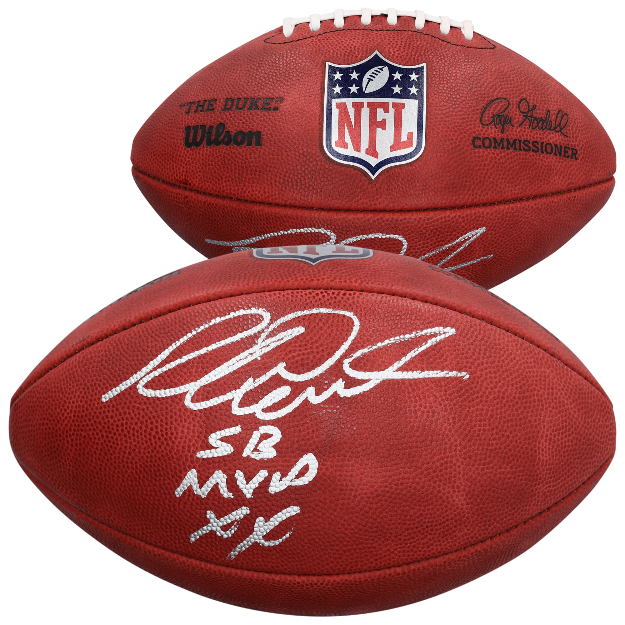 Ballon de football Wilson Duke en couleur, autographié par Richard Dent des Chicago Bears, avec inscription « SB XX MVP ».