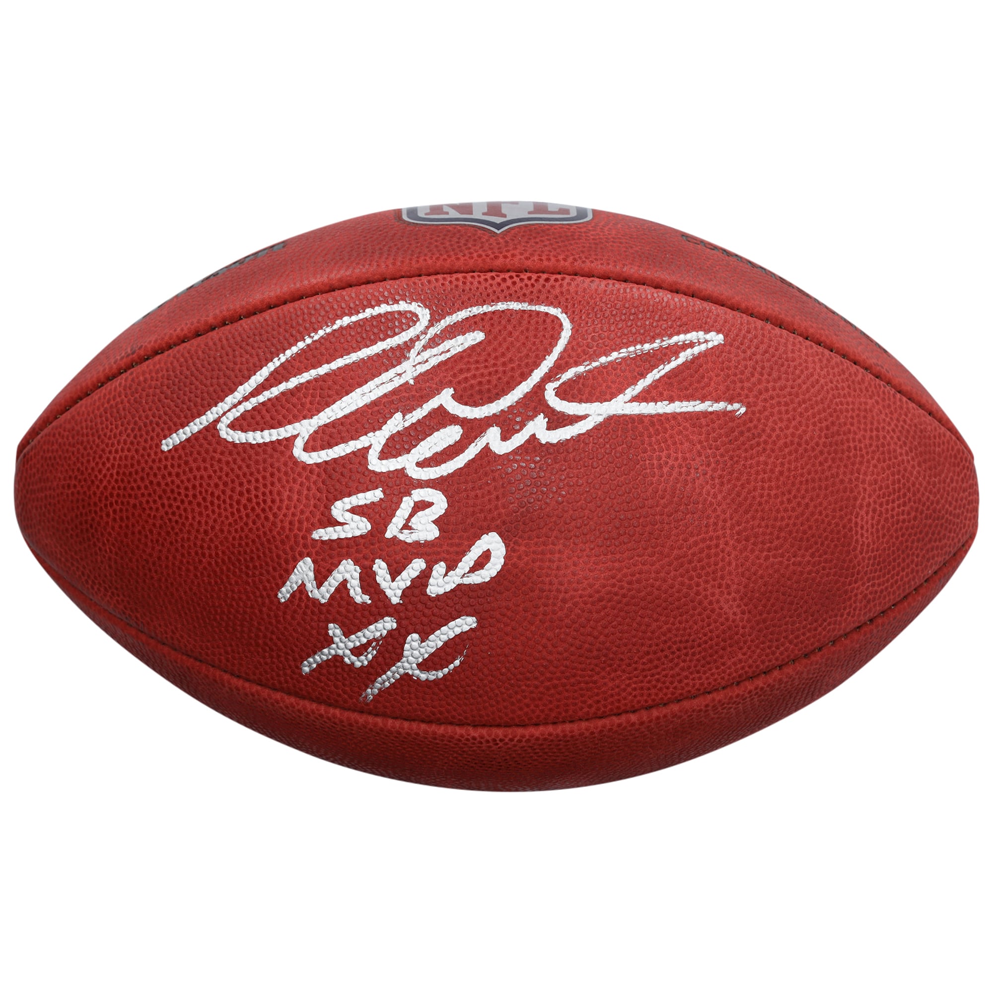 Ballon de football Wilson Duke en couleur, autographié par Richard Dent des Chicago Bears, avec inscription « SB XX MVP ».