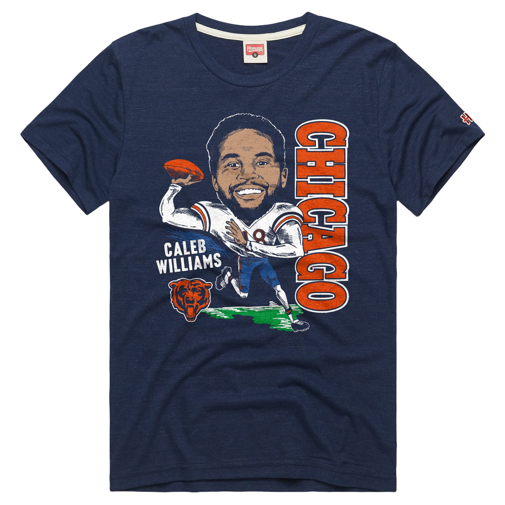 T-shirt unisexe en mélange de trois matières, hommage à Caleb Williams, Chicago Bears, bleu marine, avec caricature du joueur