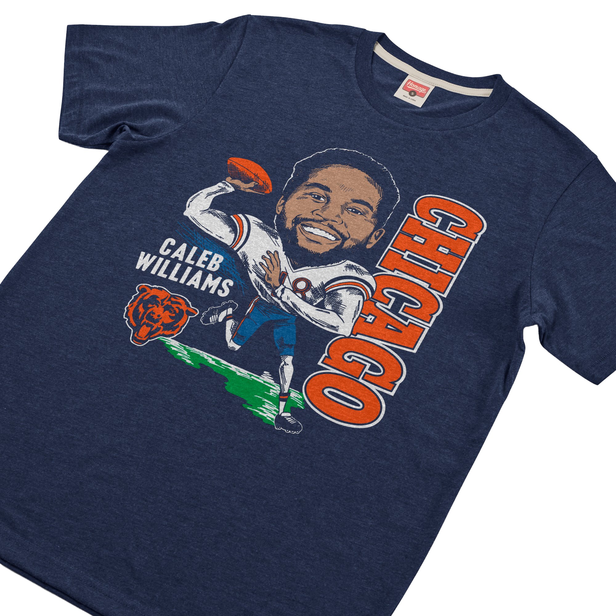 T-shirt unisexe en mélange de trois matières, hommage à Caleb Williams, Chicago Bears, bleu marine, avec caricature du joueur