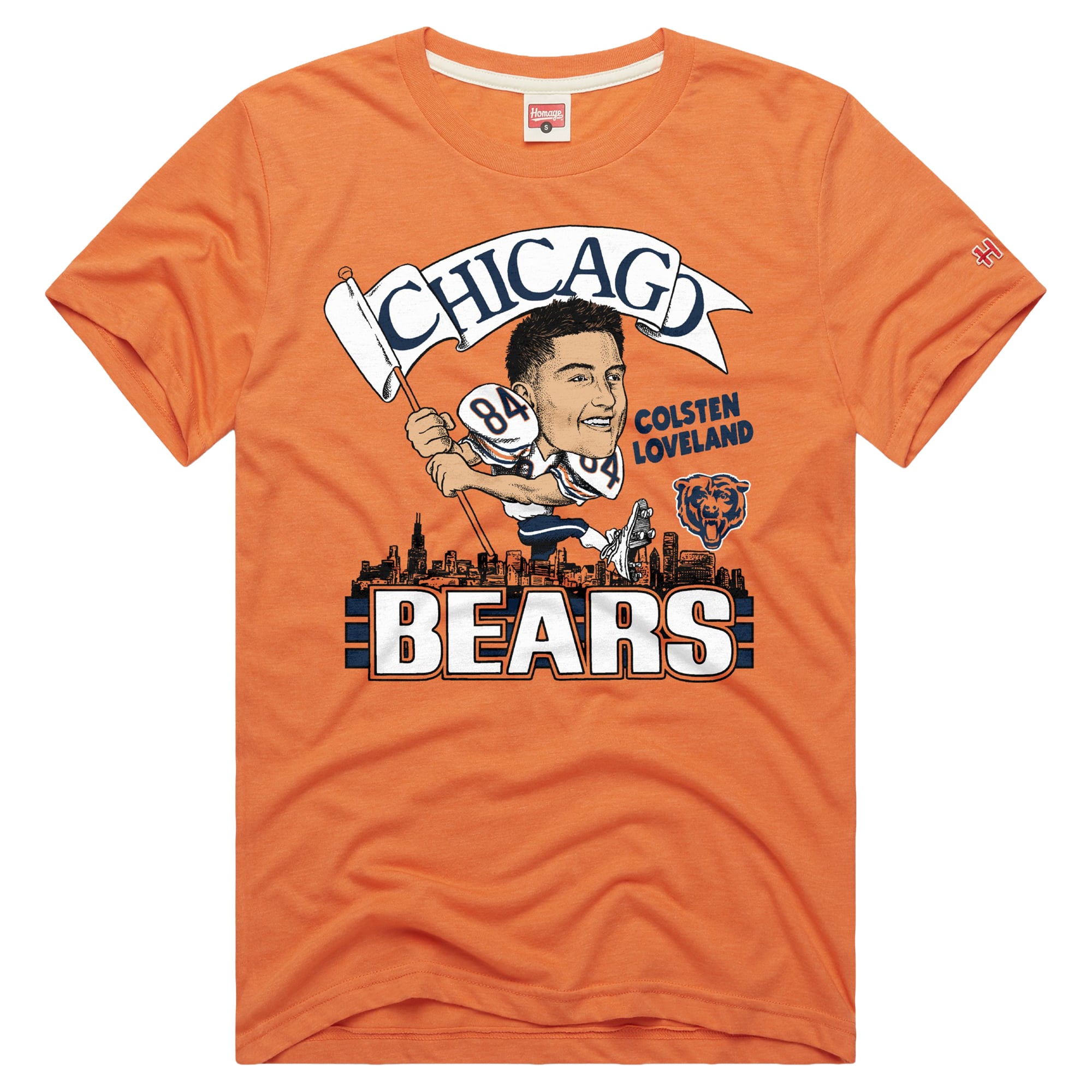T-shirt unisexe en mélange de trois matières, hommage à Colston Loveland, joueur des Chicago Bears, orange, avec caricature du