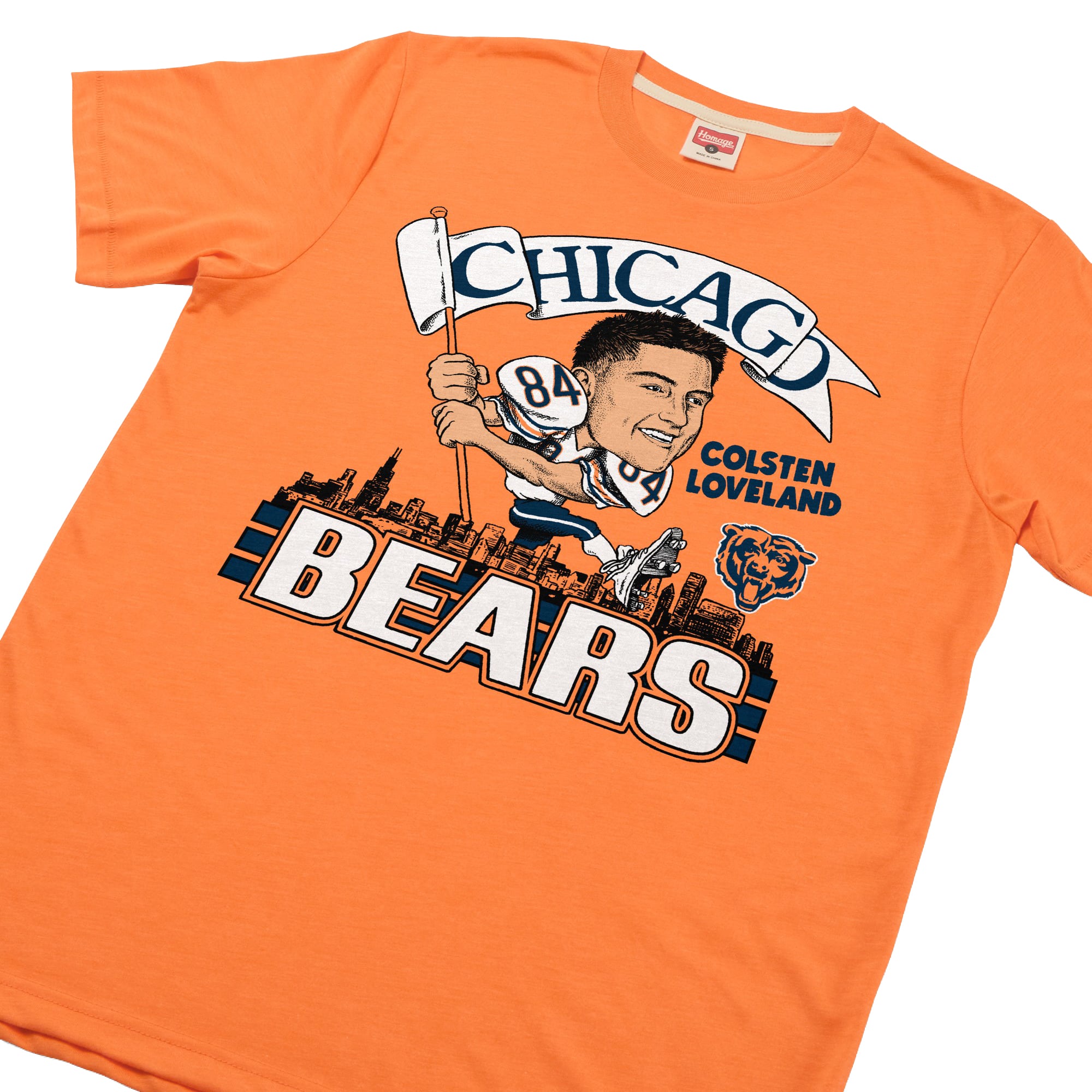 T-shirt unisexe en mélange de trois matières, hommage à Colston Loveland, joueur des Chicago Bears, orange, avec caricature du