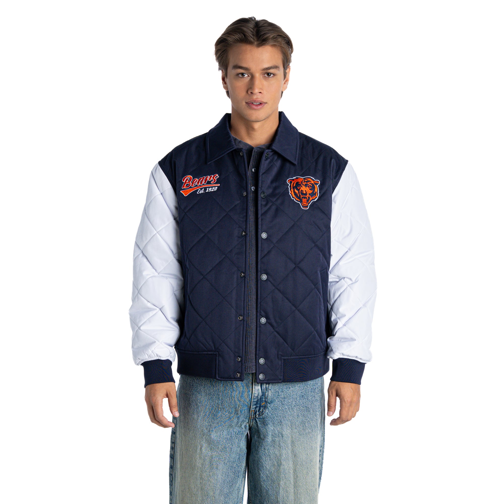 Veste bomber matelassée unisexe The Wild Collective bleu marine Chicago Bears