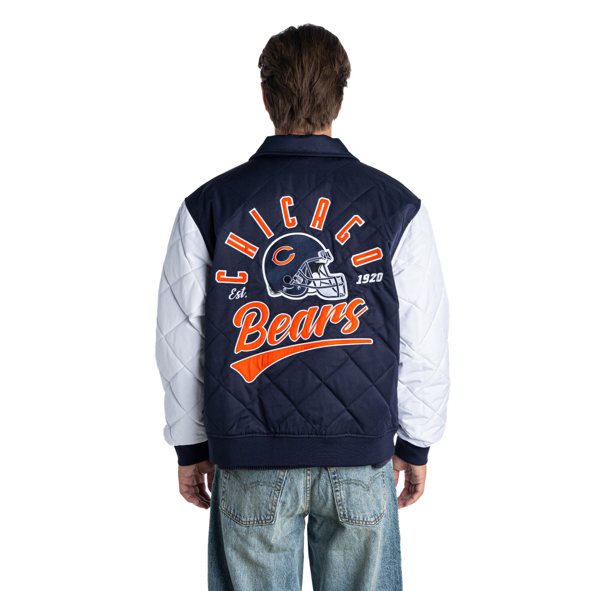 Veste bomber matelassée unisexe The Wild Collective bleu marine Chicago Bears