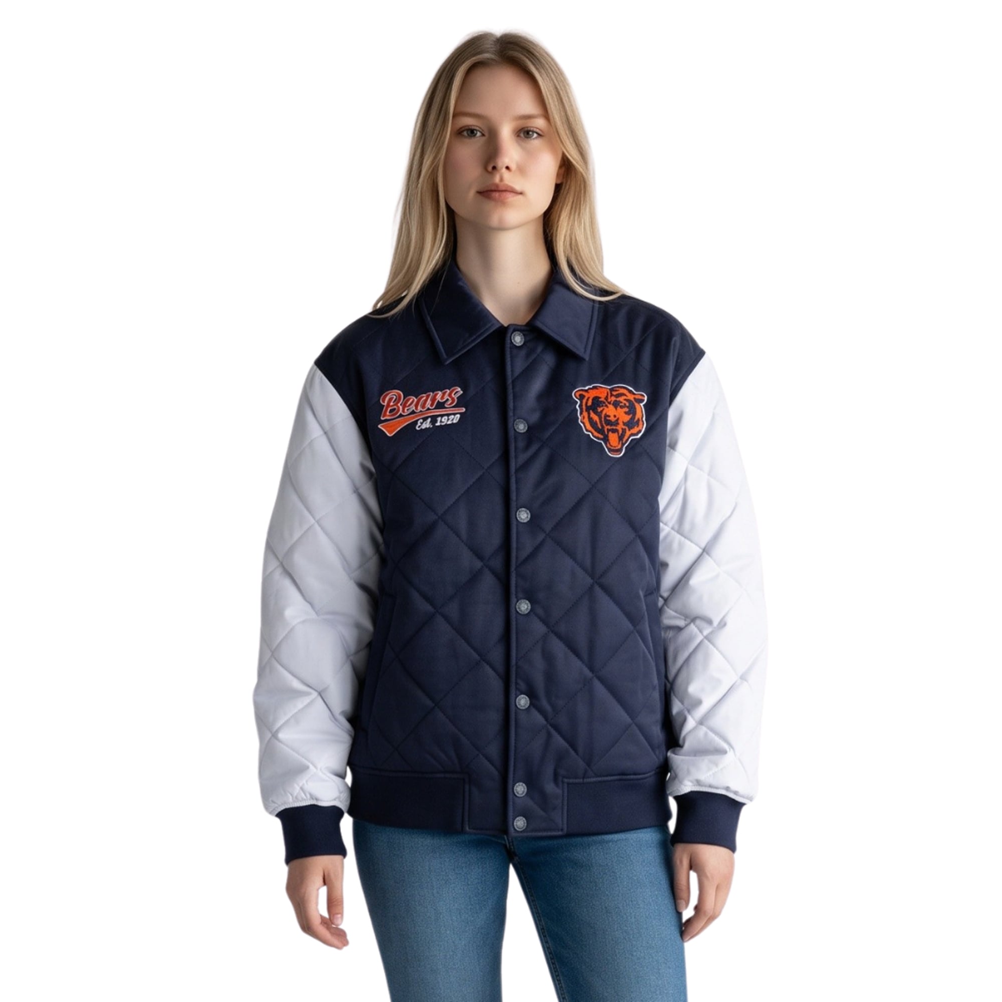 Veste bomber matelassée unisexe The Wild Collective bleu marine Chicago Bears
