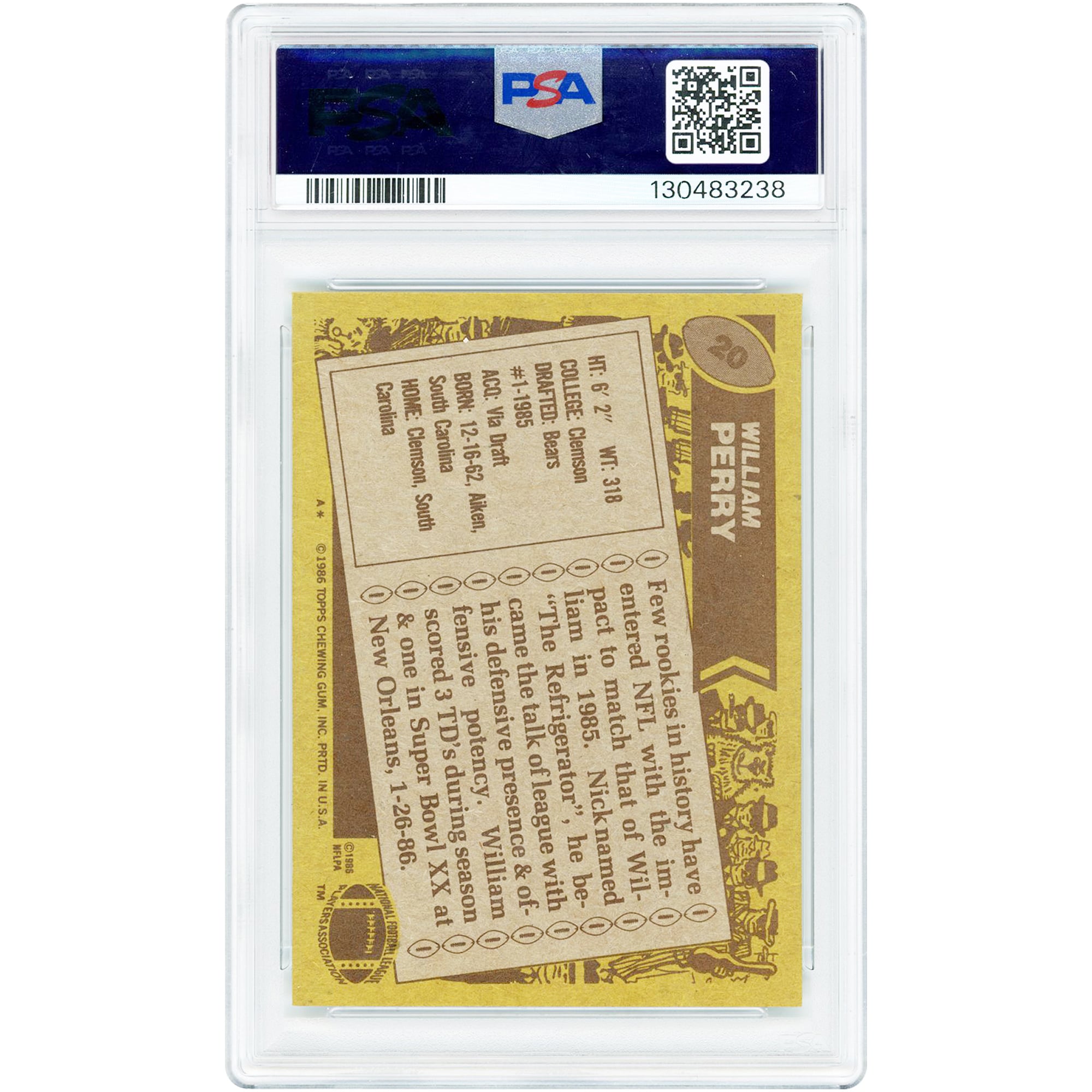William Perry Chicago Bears 1986 Topps #20 PSA Authenticated 9 Rookie Card