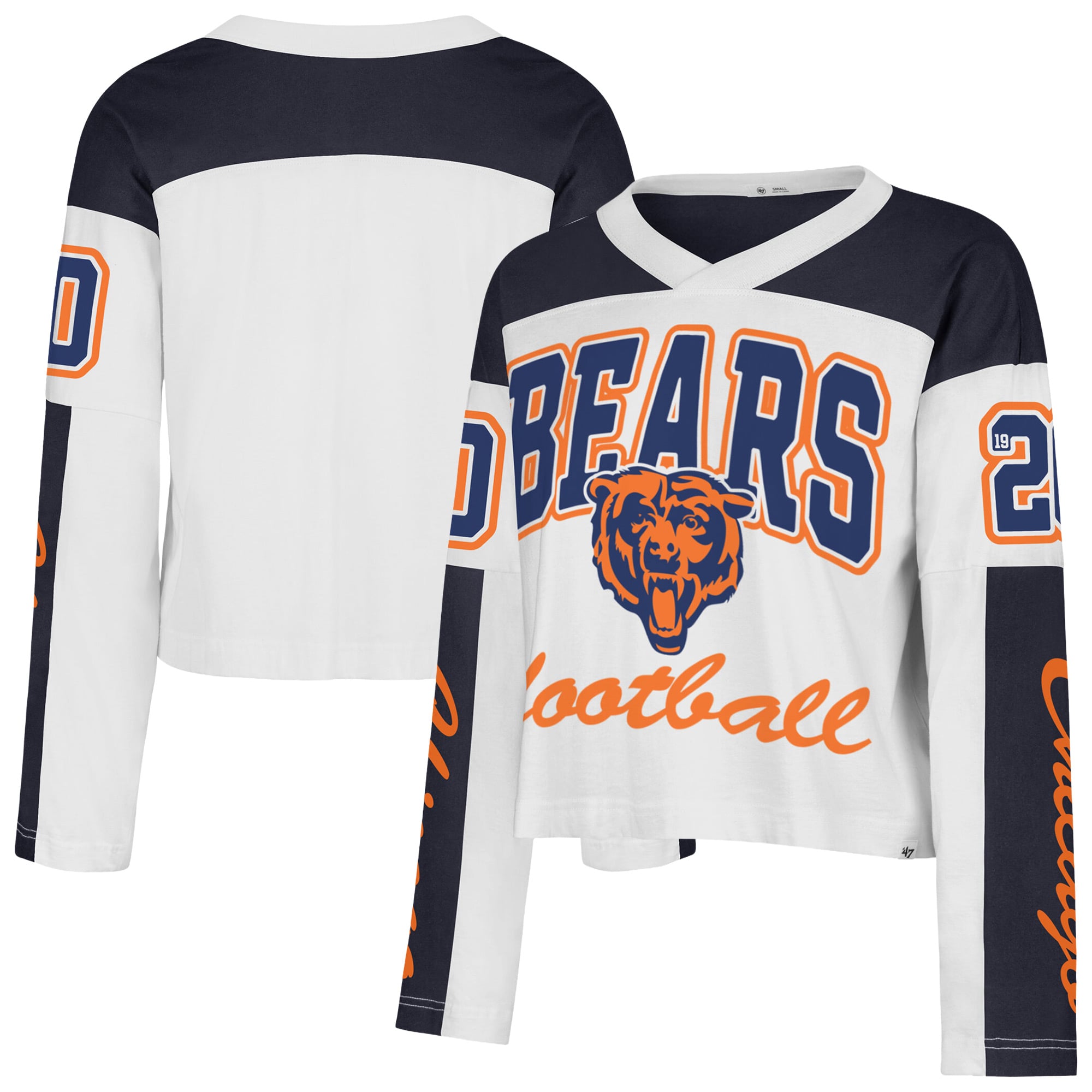 T-shirt à manches longues et col en V blanc Chicago Bears pour femme, modèle '47 Exclamation Metro