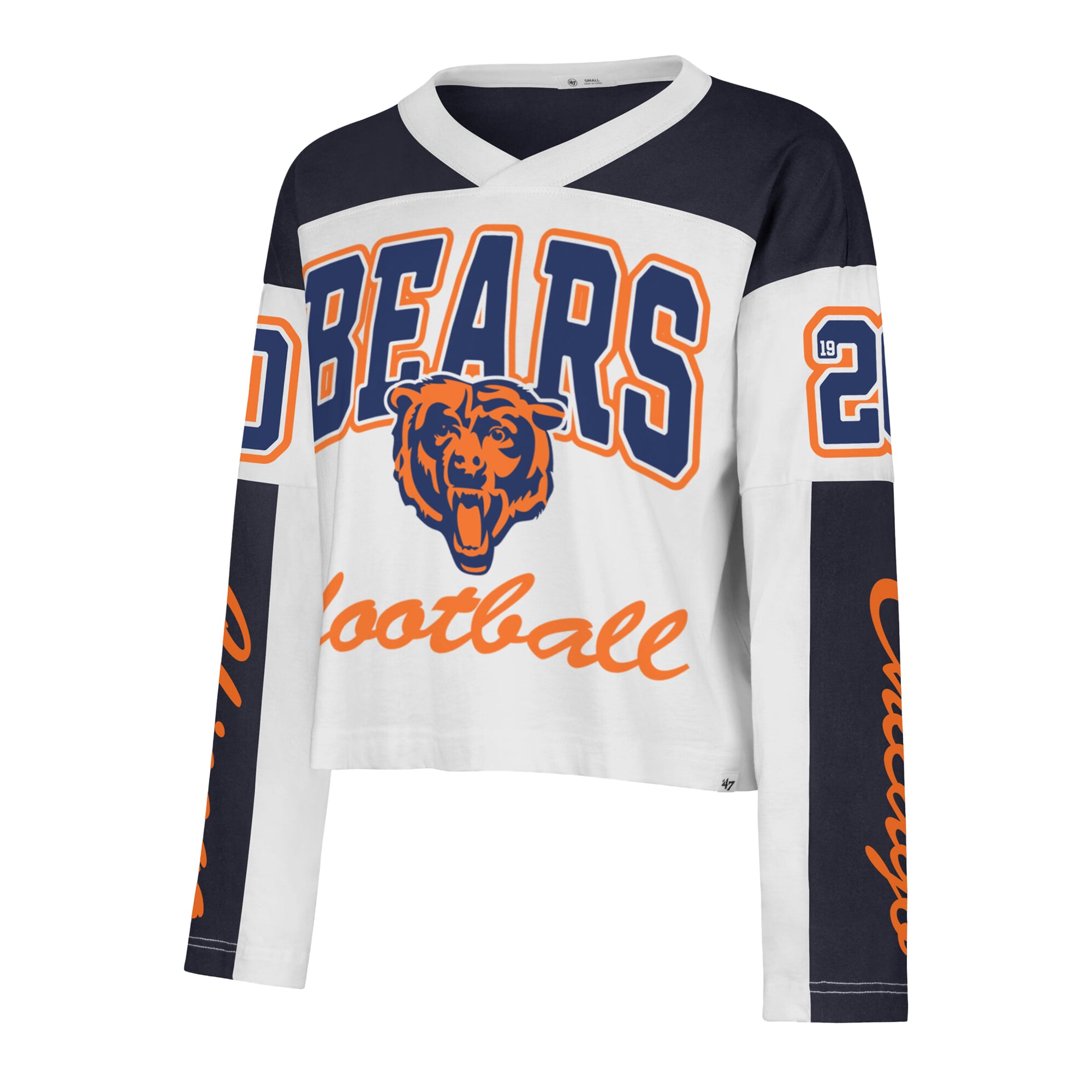 T-shirt à manches longues et col en V blanc Chicago Bears pour femme, modèle '47 Exclamation Metro