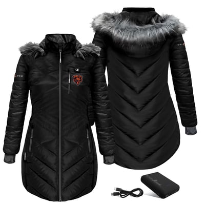Chicago Bears ActionHeat Women's 5V Battery Heated Long Puffer Jacket - Black