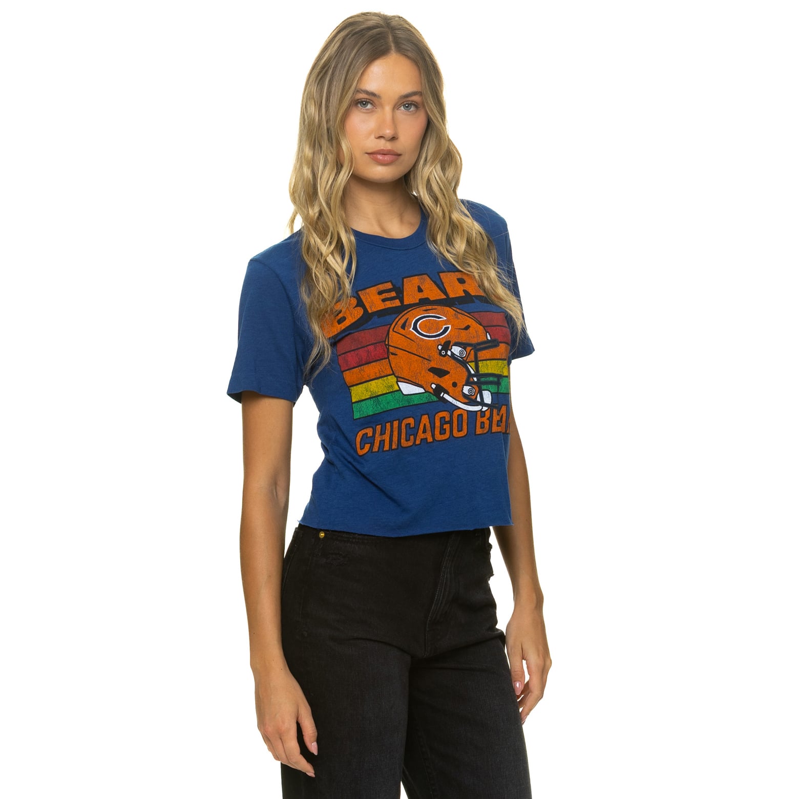 T-shirt Aviator Nation pour femme, bleu marine, Chicago Bears, coupe carrée, mélange de trois matières