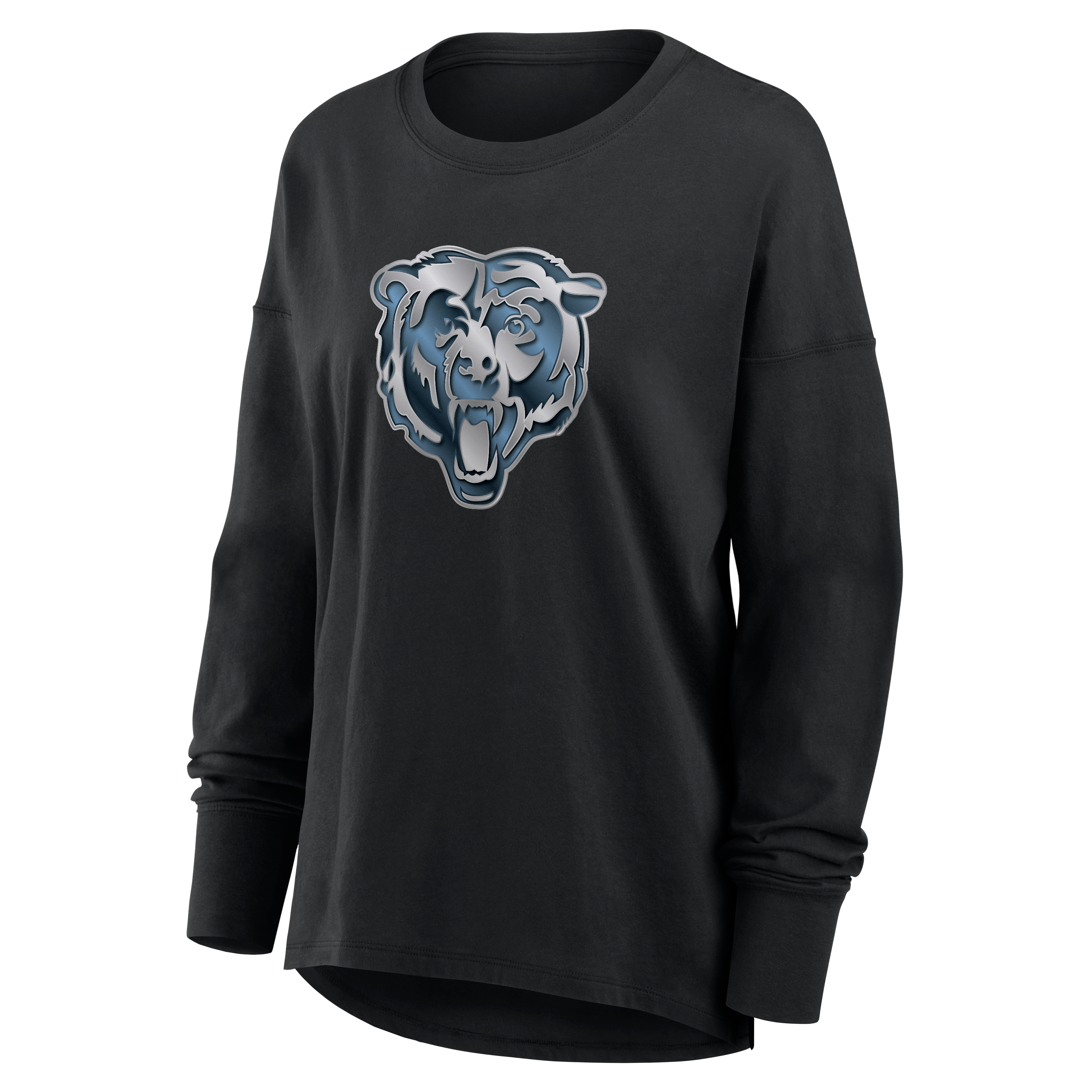 T-shirt à manches longues noir pour femmes avec mascotte métallique des Chicago Bears