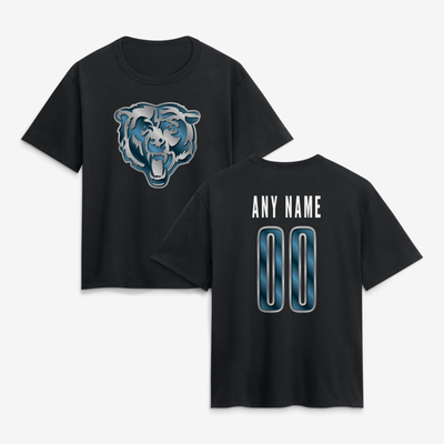 Chicago Bears Women's Metallic Mascot Personalized Name & Number T-Shirt - Black