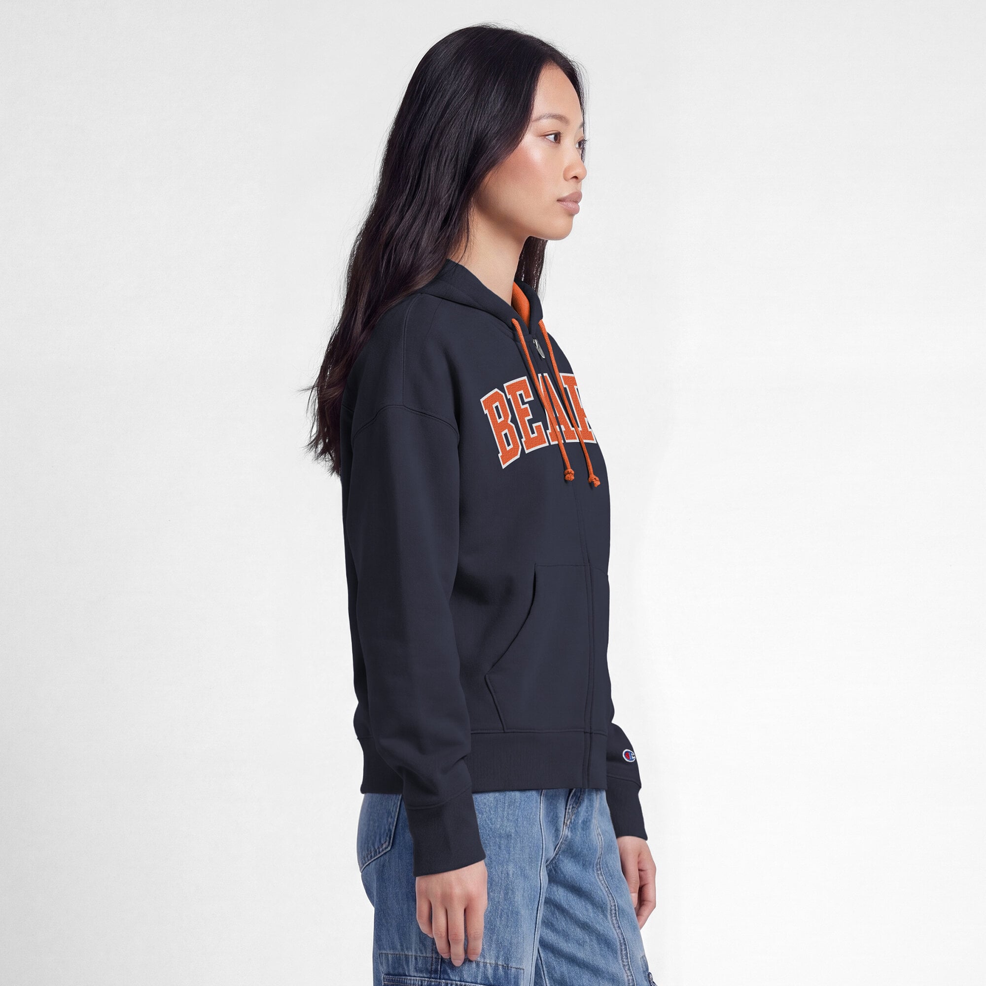 Sweat à capuche zippé Champion pour femme, bleu marine, Chicago Bears, doublure contrastée