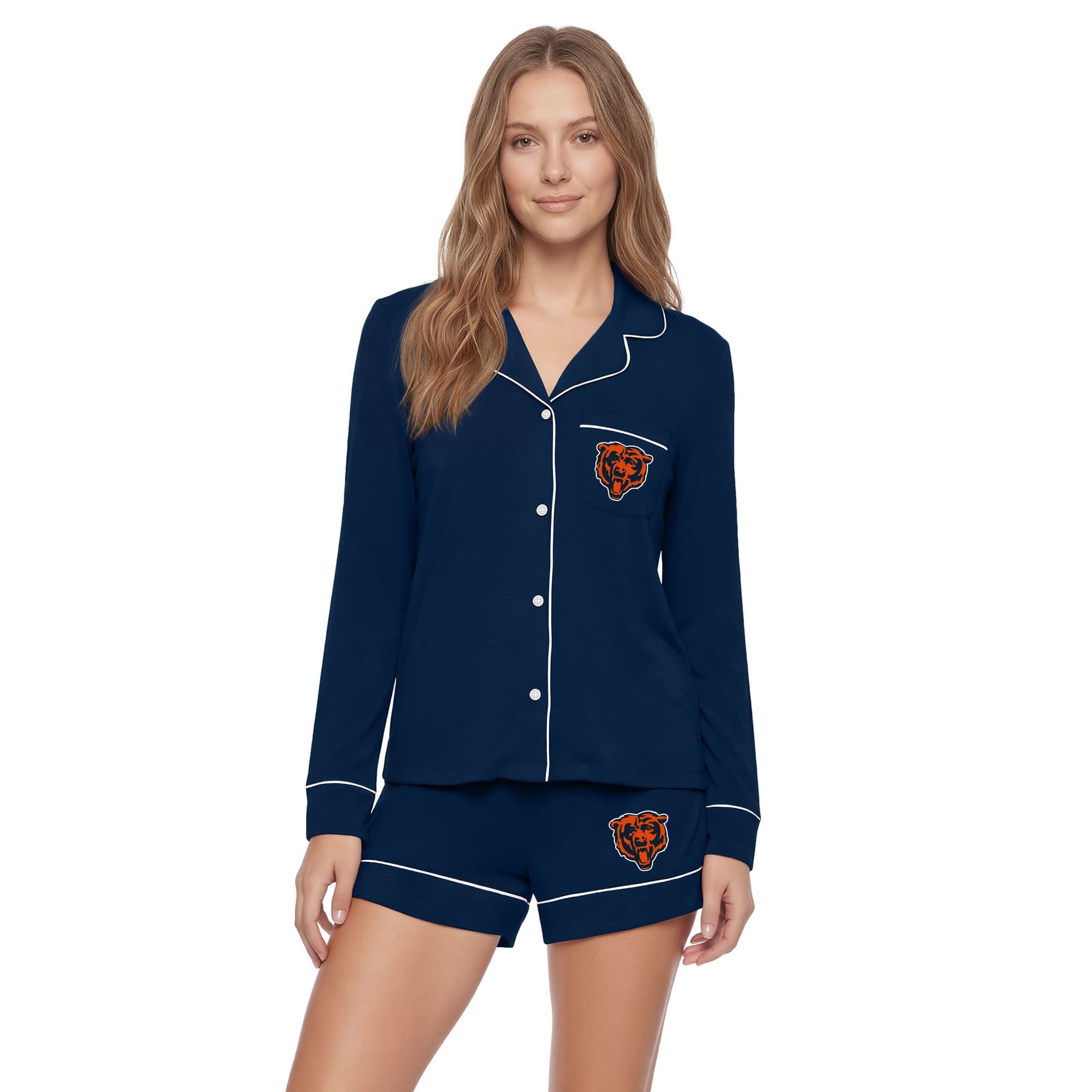 Women's Concepts Sport Navy Chicago Bears Medley Long Sleeve Button-Up and Shorts Sleep Set