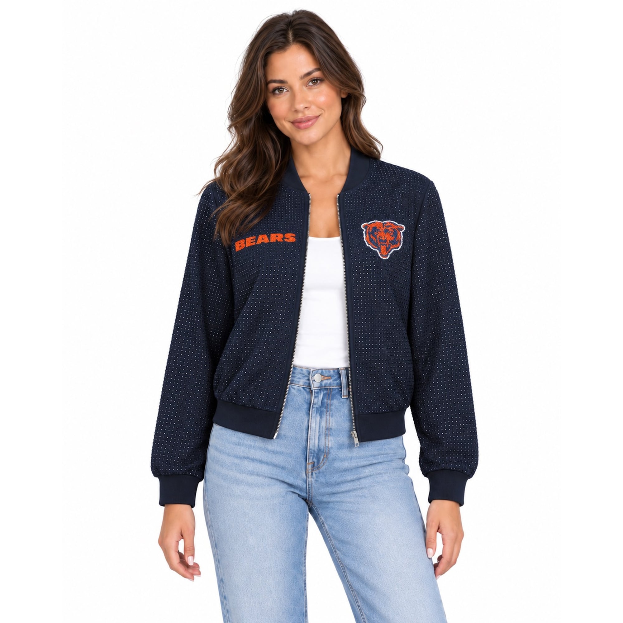 Veste bomber zippée intégrale FABGATING by Cuce bleu marine Chicago Bears Crystal pour femme