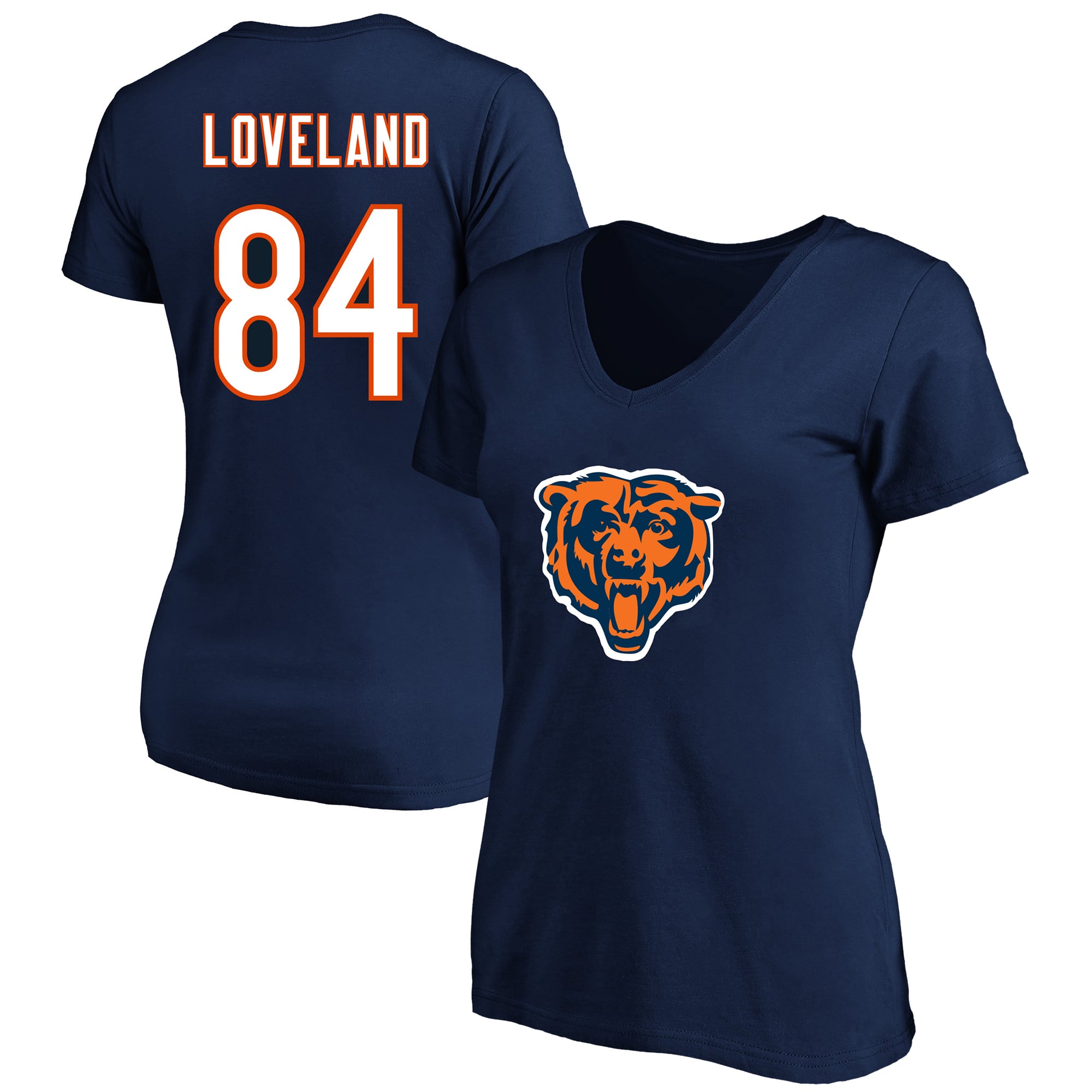 T-shirt à col en V pour femme Fanatics Colston Loveland Navy Chicago Bears, grande taille, nom et numéro