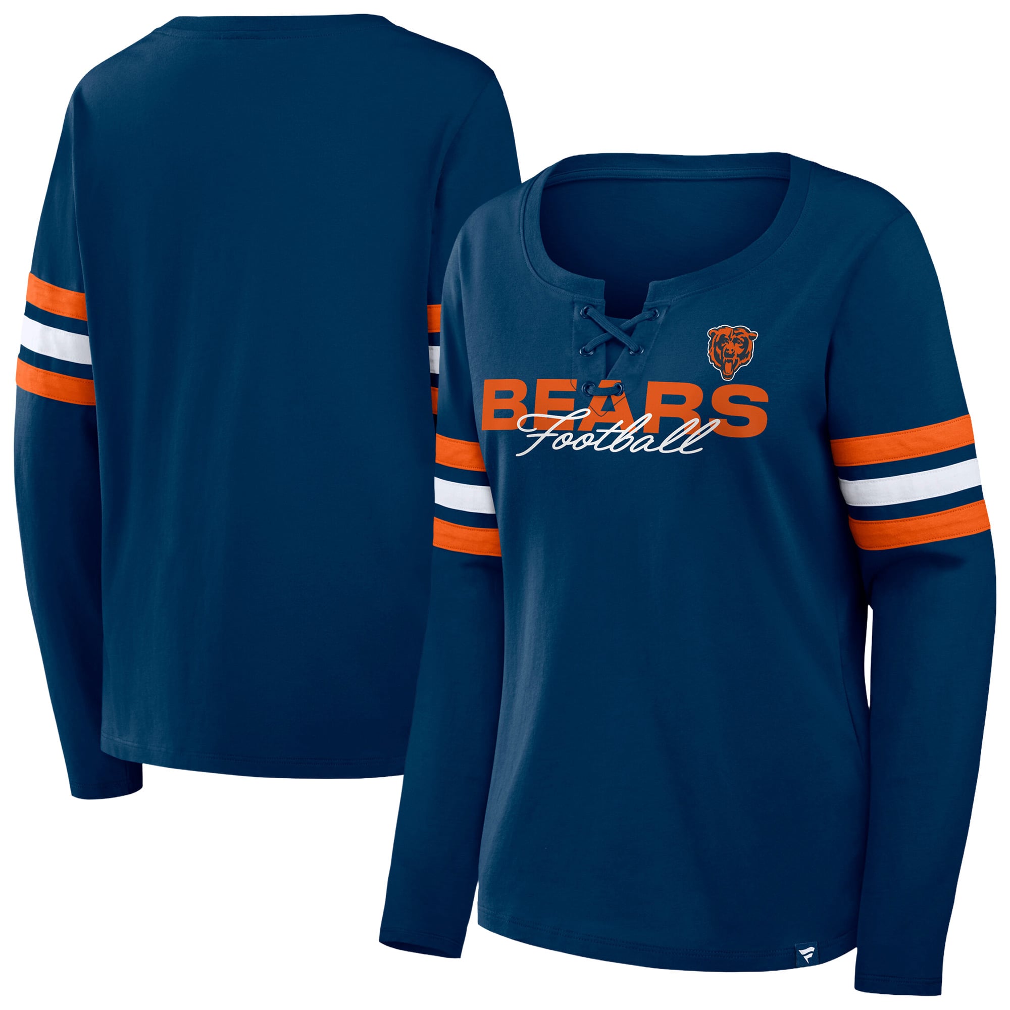T-shirt à manches longues lacets Fanatics bleu marine/orange pour femmes, Chicago Bears, grandes tailles.
