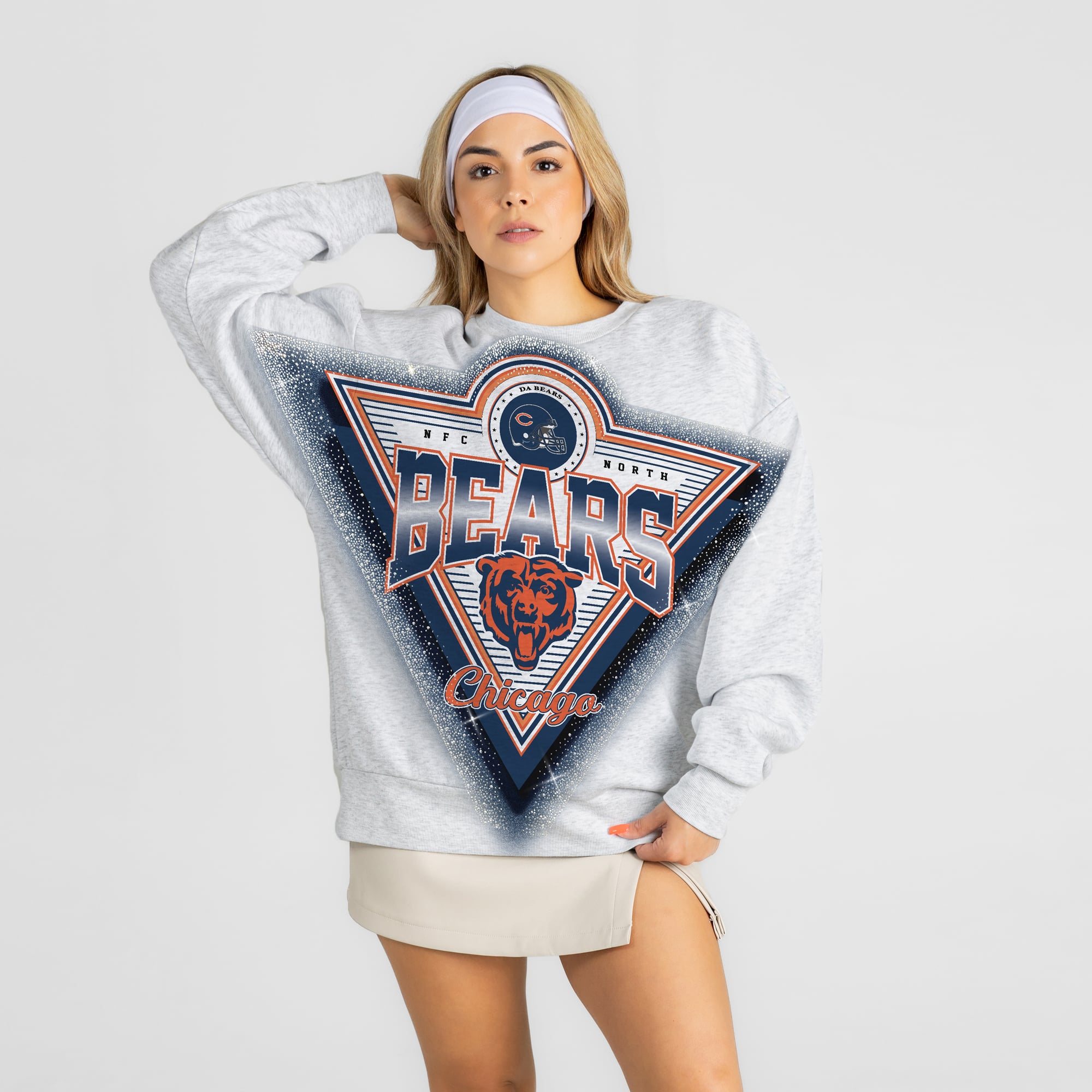 Women's Gameday Couture Ash Chicago Bears Chasing Victory Rhinestone Spray Oversized Fleece Sweatshirt