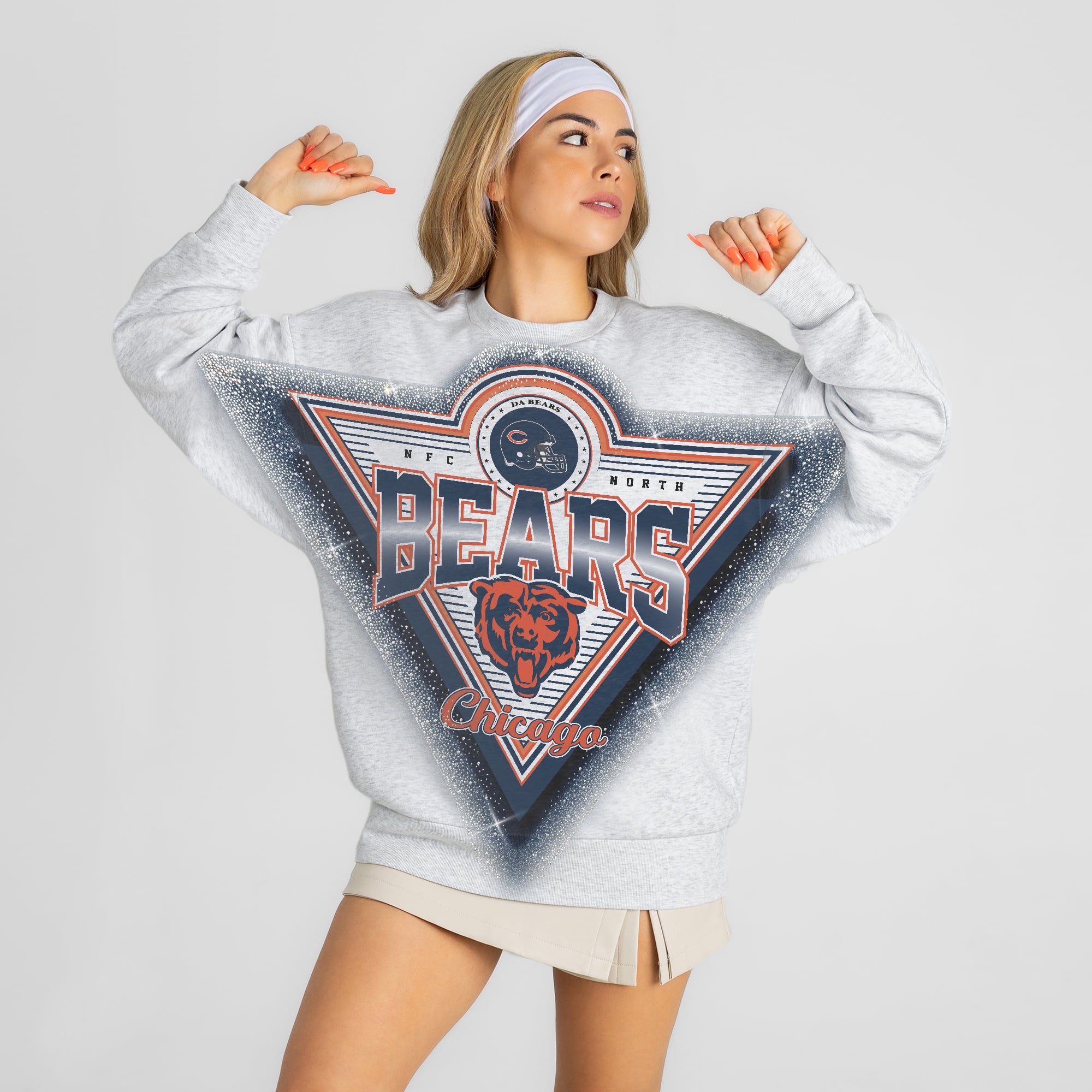 Women's Gameday Couture Ash Chicago Bears Chasing Victory Rhinestone Spray Oversized Fleece Sweatshirt