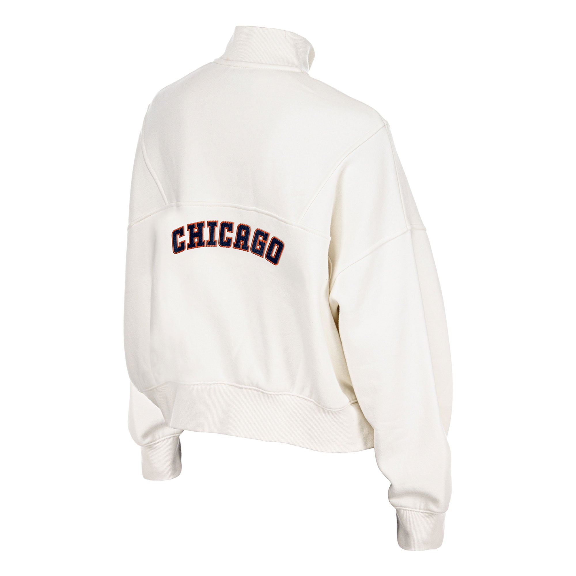 Pull-over New Era crème pour femme, modèle Chicago Bears Academic, à col zippé.