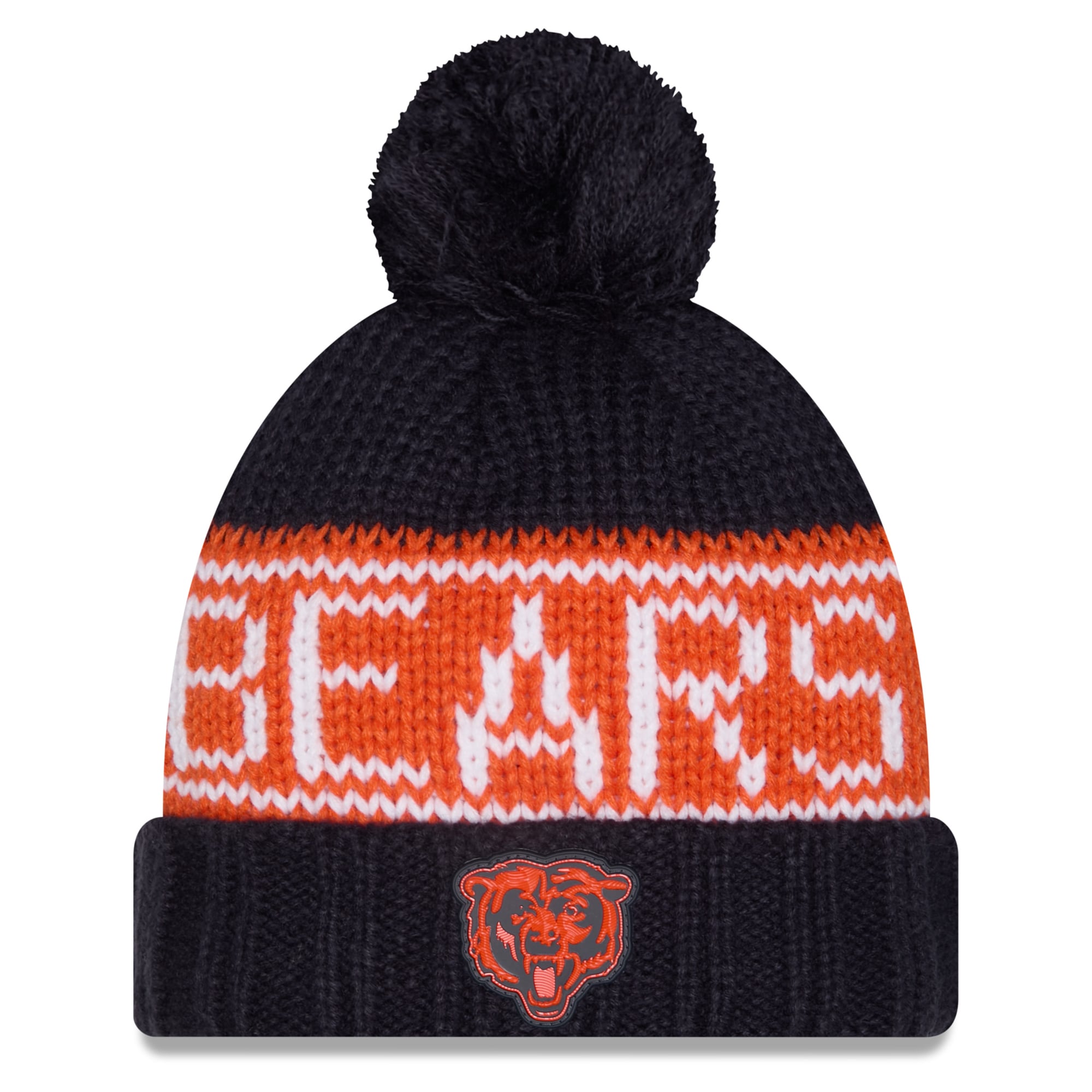 Bonnet d'hiver New Era bleu marine Chicago Bears 2026 pour femme, avec pompon et revers.