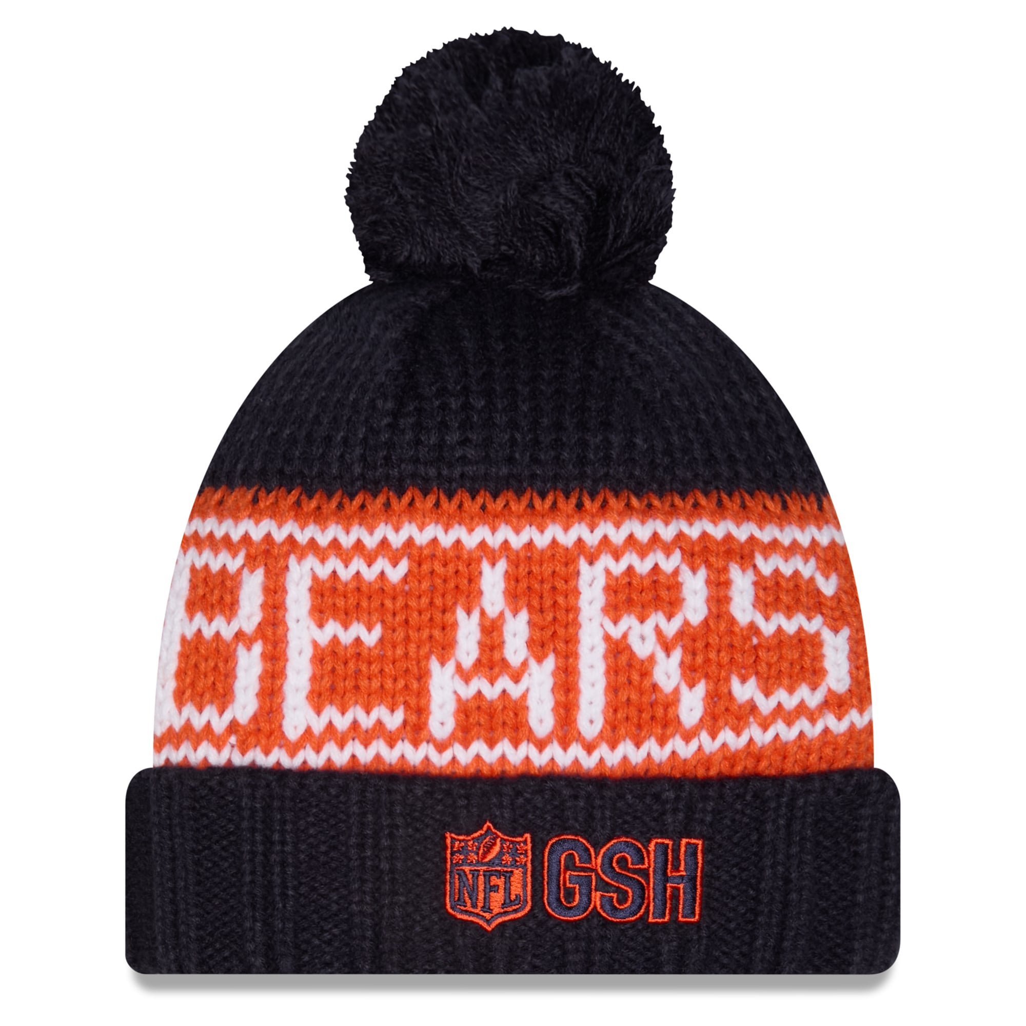 Bonnet d'hiver New Era bleu marine Chicago Bears 2026 pour femme, avec pompon et revers.