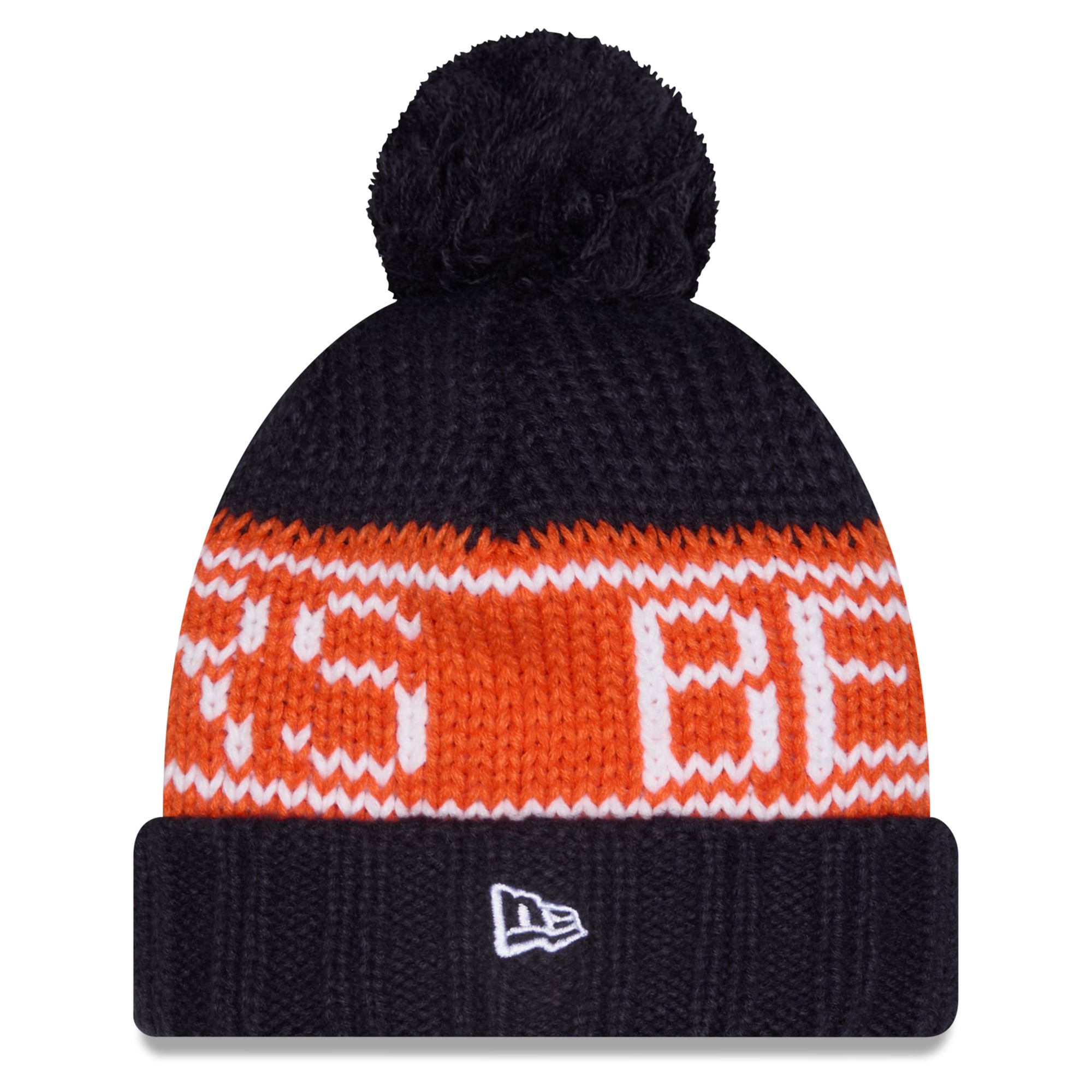 Bonnet d'hiver New Era bleu marine Chicago Bears 2026 pour femme, avec pompon et revers.