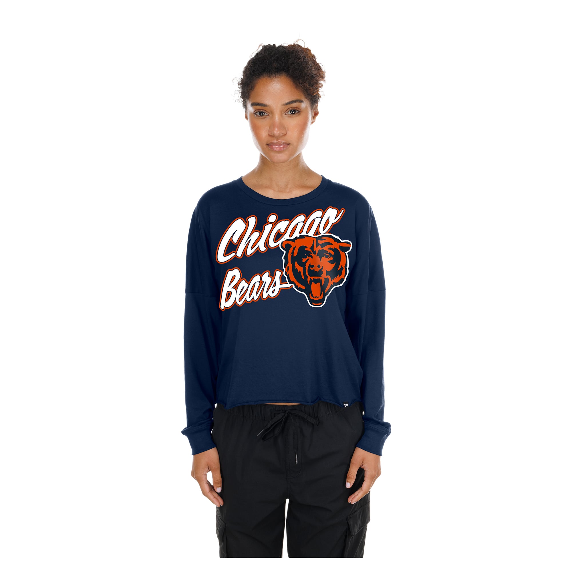 T-shirt court oversize à manches longues New Era bleu marine Chicago Bears pour femme