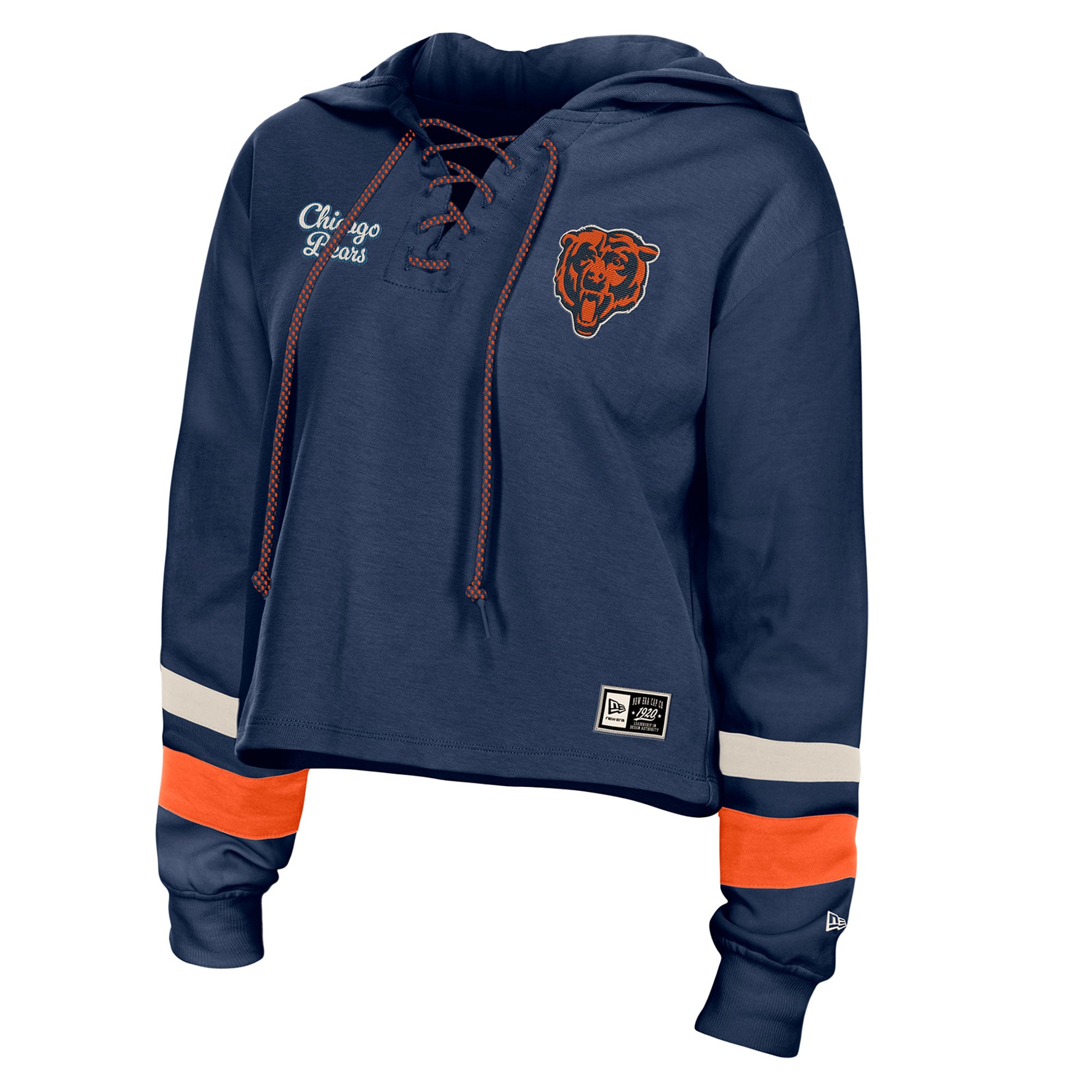 Sweat à capuche court rétro lacets New Era bleu marine Chicago Bears pour femme, grandes tailles