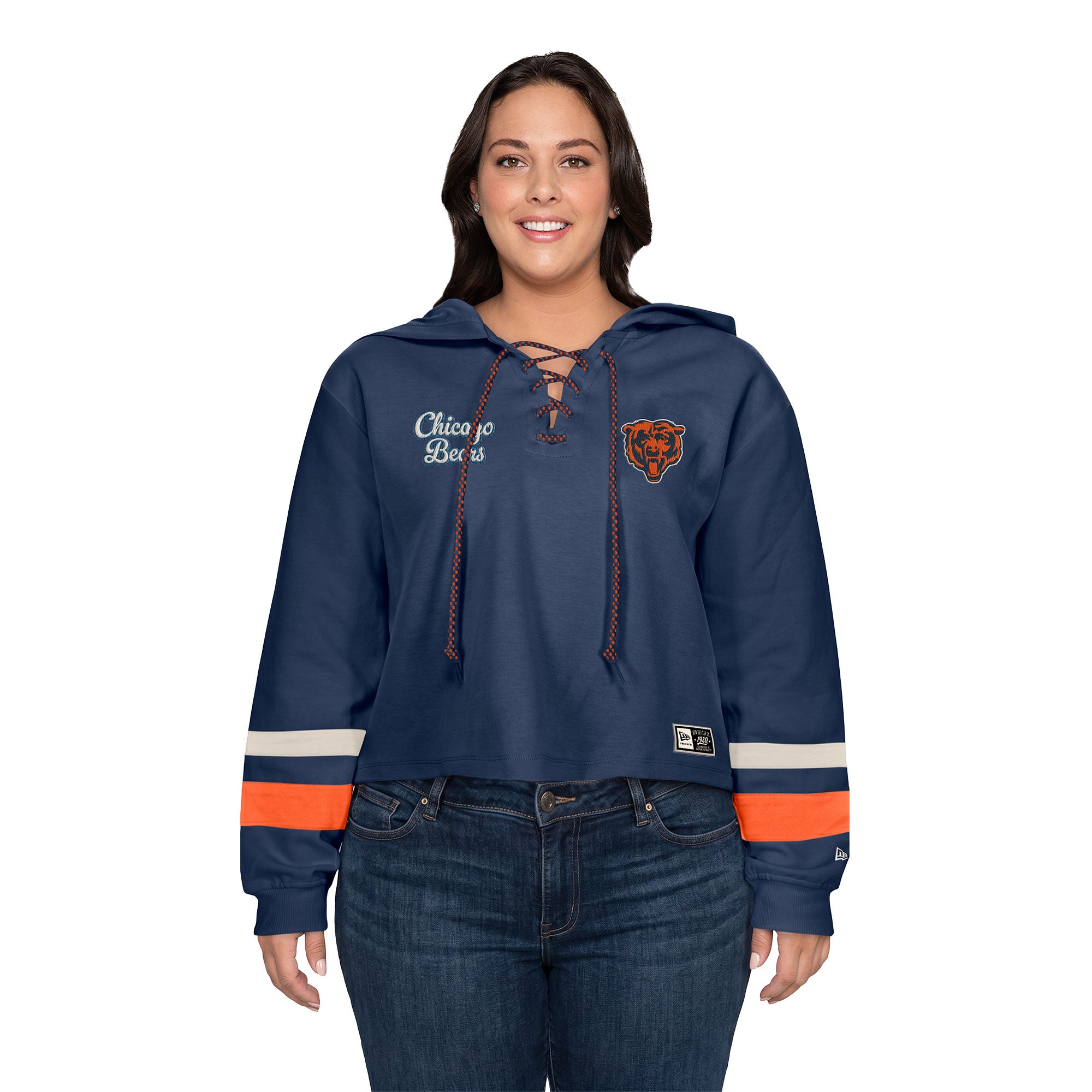 Sweat à capuche court rétro lacets New Era bleu marine Chicago Bears pour femme, grandes tailles