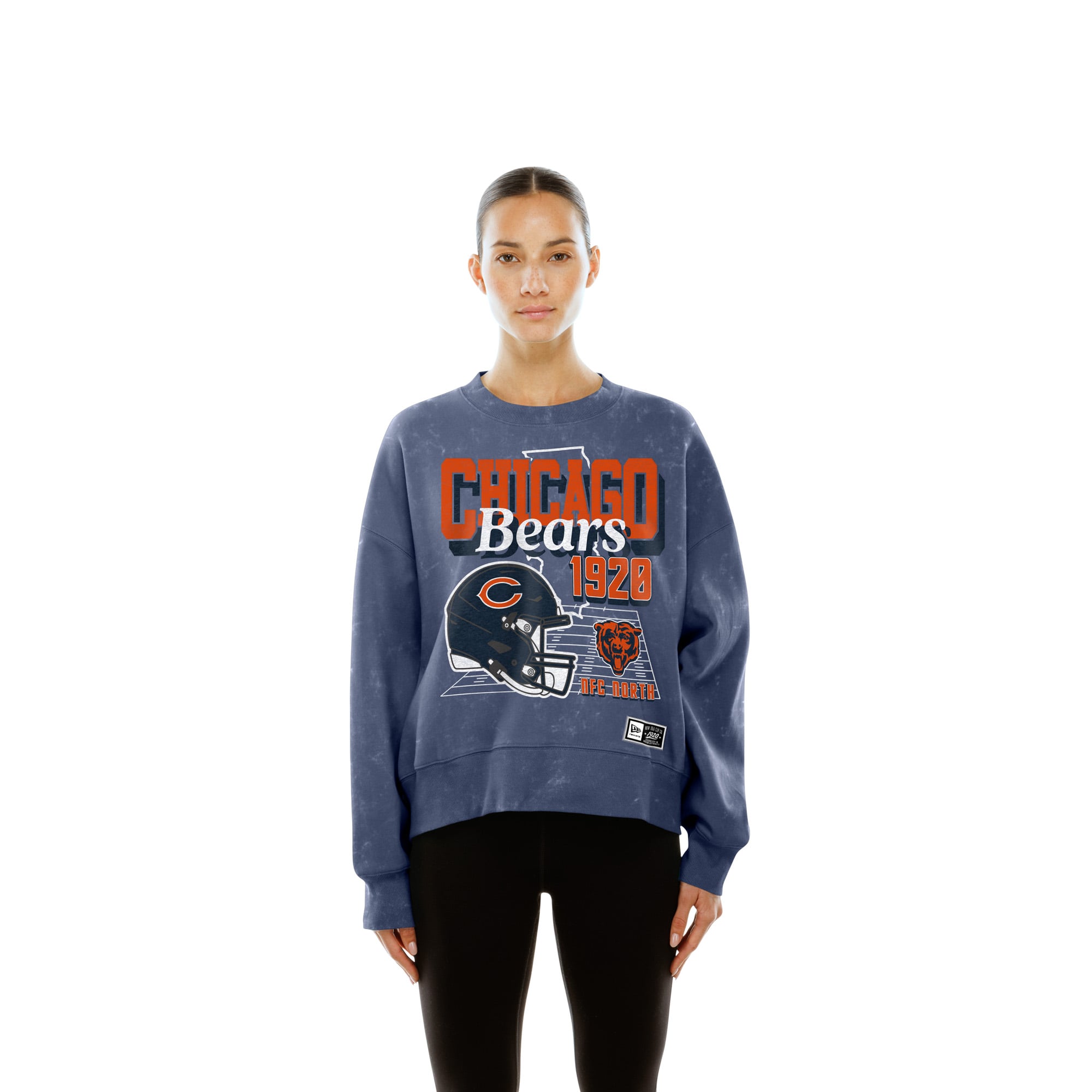 Sweat-shirt à col rond en molleton délavé bleu marine New Era pour femme, style rétro Chicago Bears.