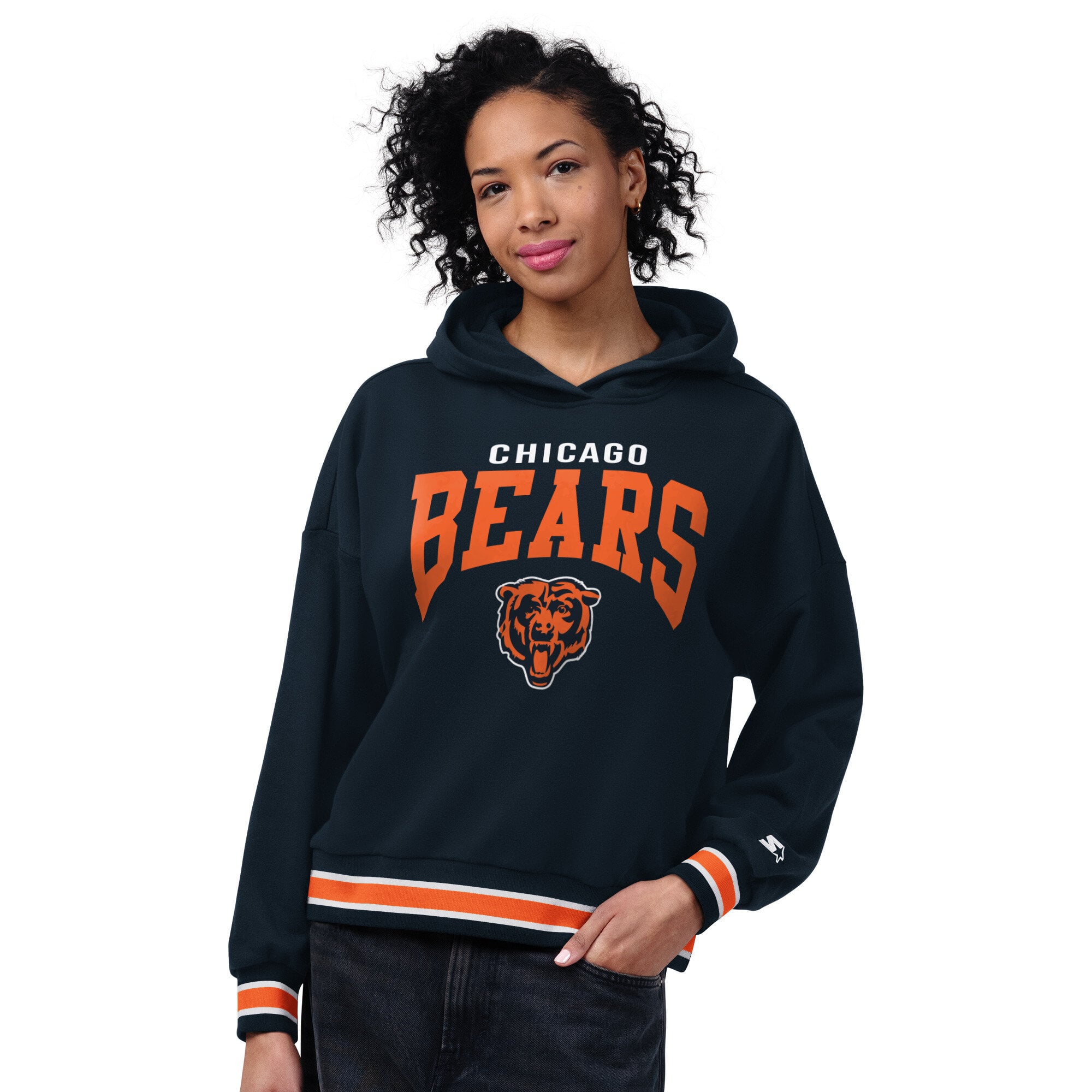 Sweat à capuche Starter bleu marine pour femme, motif plaque de base des Chicago Bears