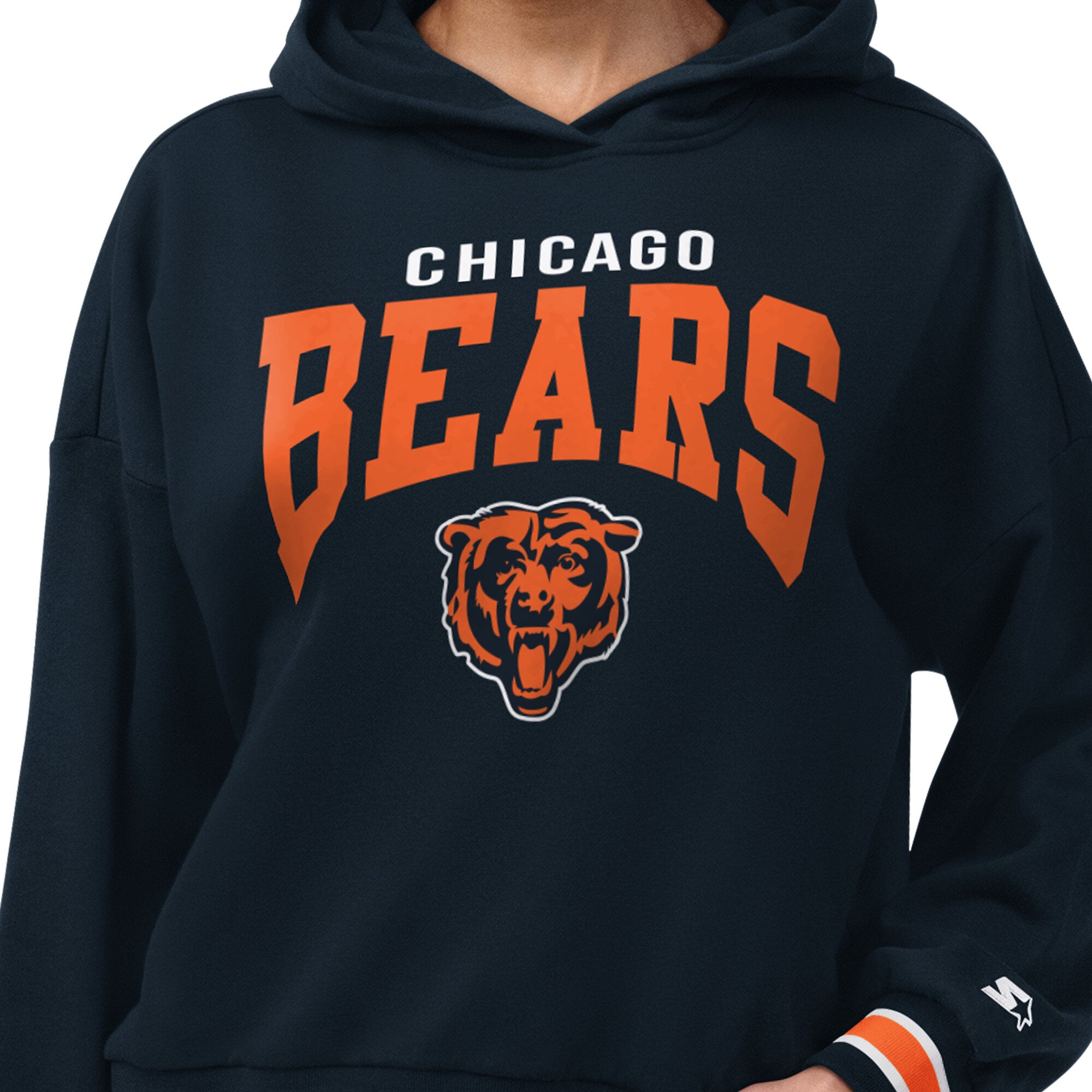 Sweat à capuche Starter bleu marine pour femme, motif plaque de base des Chicago Bears