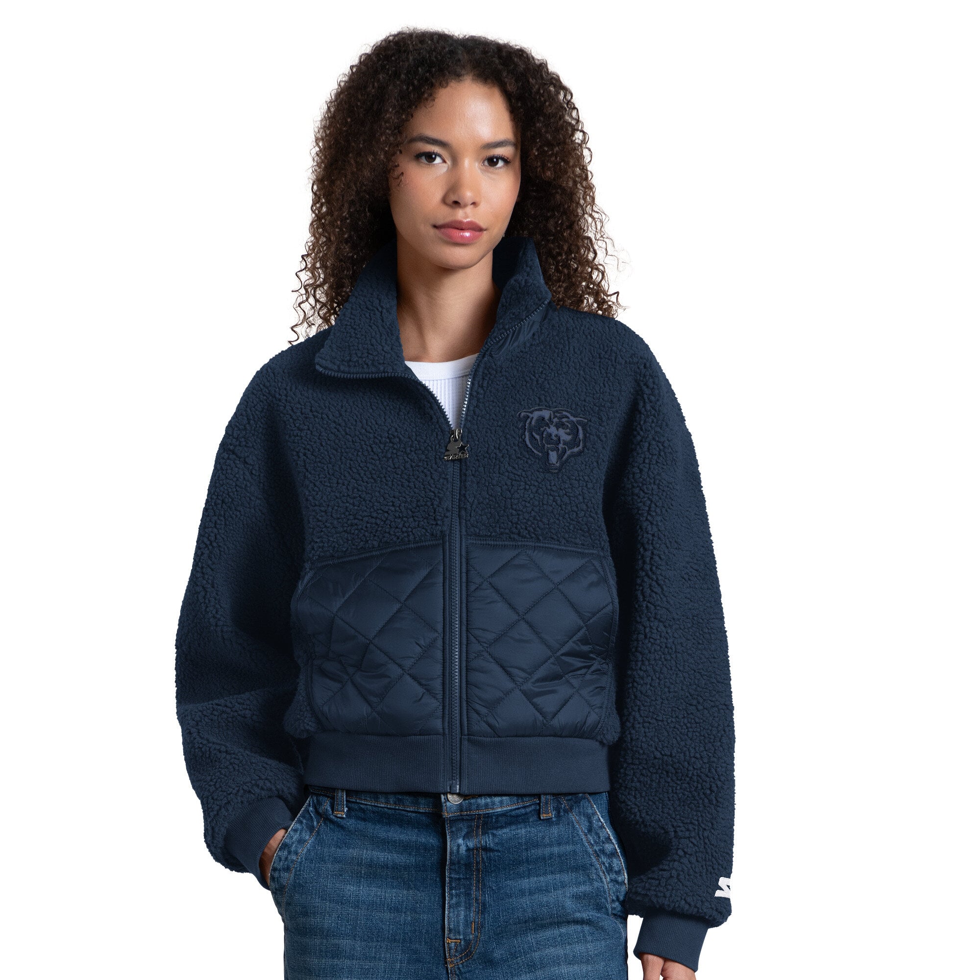 Veste zippée intégrale Starter Navy Chicago Bears Journeyman Sherpa pour femme