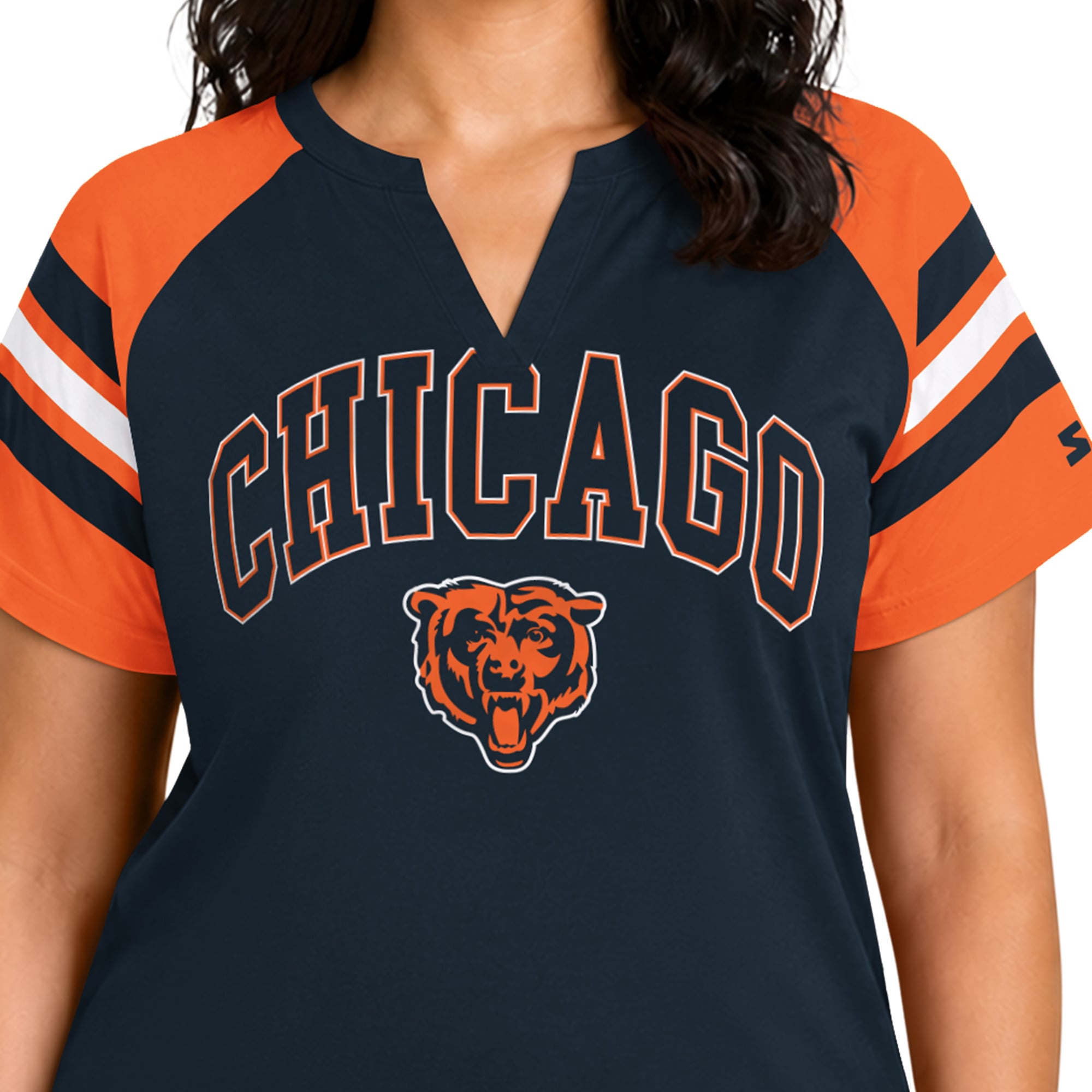 T-shirt raglan à col cranté Starter Navy Chicago Bears pour femme, grande taille