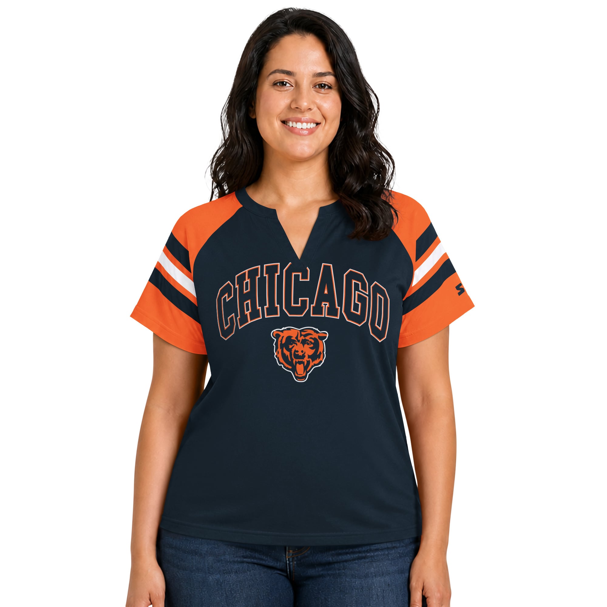 T-shirt raglan à col cranté Starter Navy Chicago Bears pour femme, grande taille