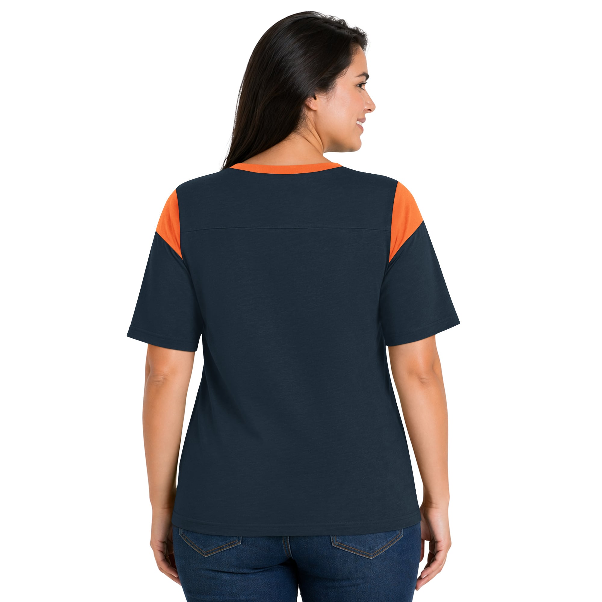T-shirt Starter Navy Chicago Bears pour femme, grande taille, style linebacker, en jersey flammé.