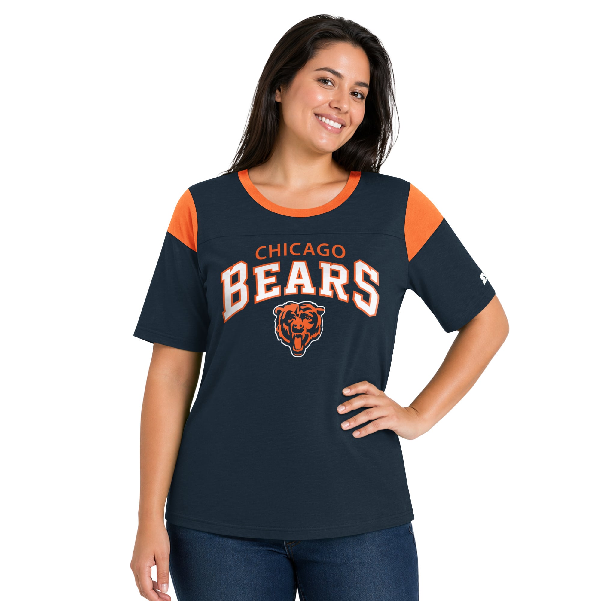 T-shirt Starter Navy Chicago Bears pour femme, grande taille, style linebacker, en jersey flammé.