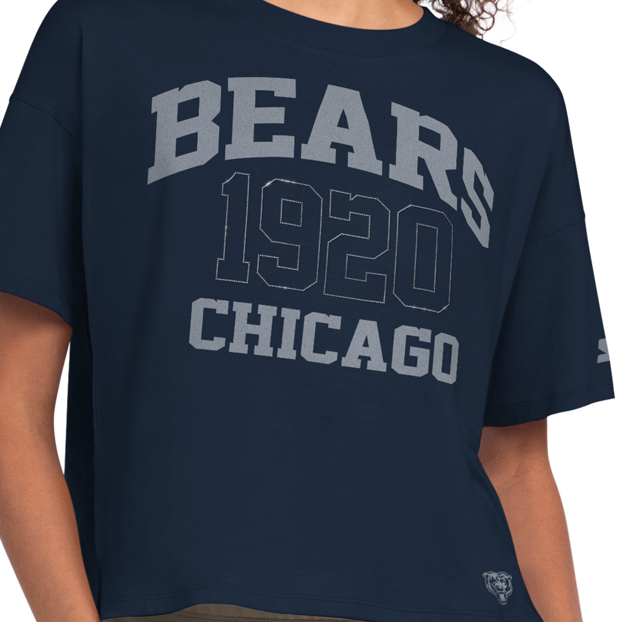 Women's Starter Navy Chicago Bears Rhinestone Boxy Cropped T-Shirt