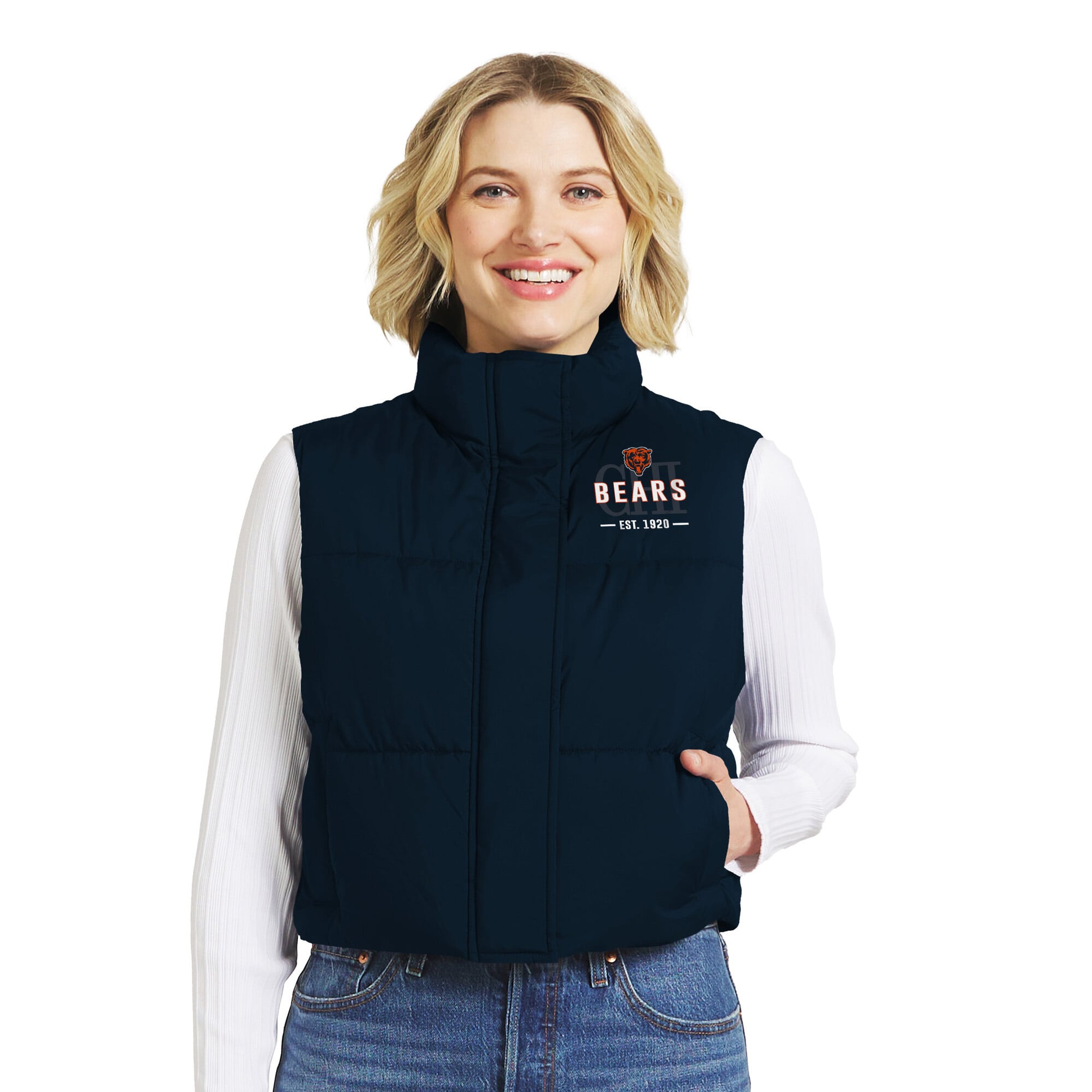 Gilet sans manches court zippé bleu marine Chicago Bears de la marque WEAR by Erin Andrews pour femmes