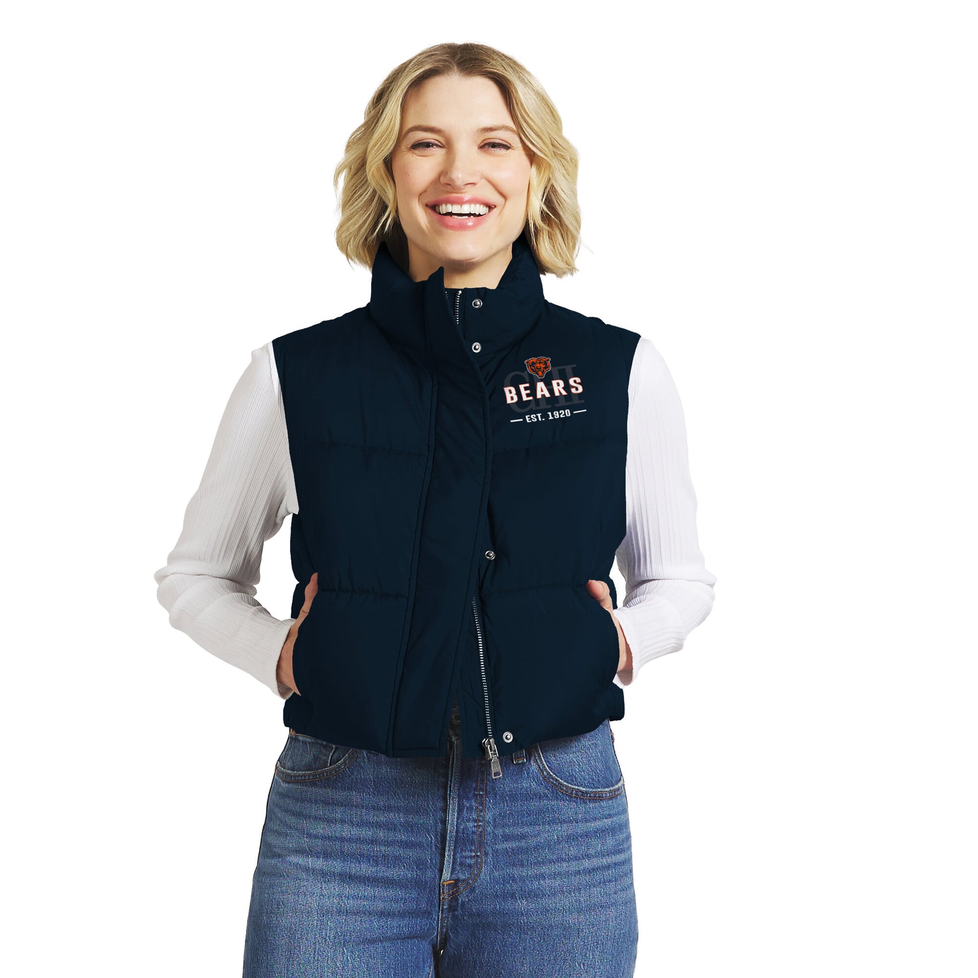 Gilet sans manches court zippé bleu marine Chicago Bears de la marque WEAR by Erin Andrews pour femmes