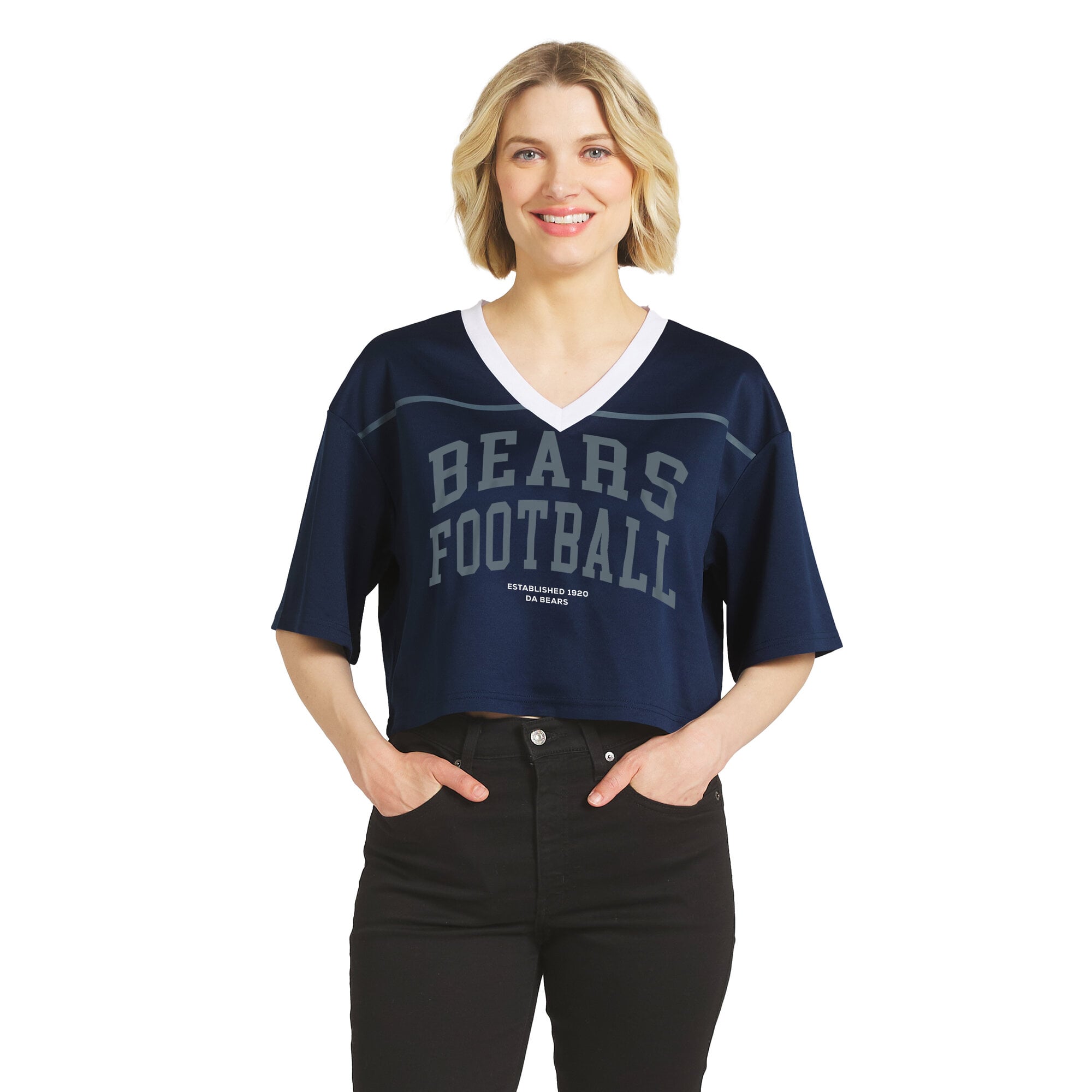 Women's WEAR by Erin Andrews Navy Chicago Bears Cropped V-Neck Jersey T-Shirt