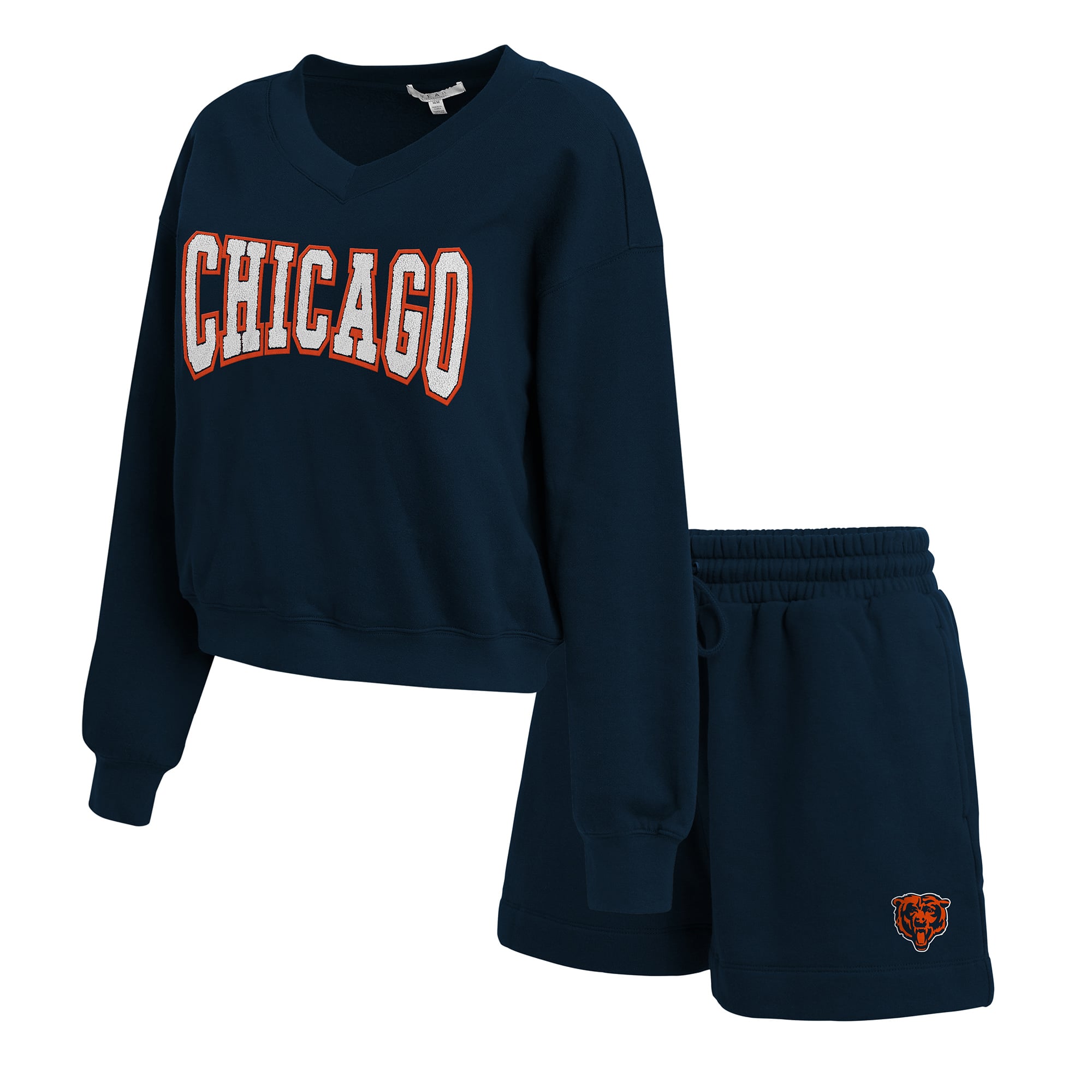 Women's WEAR by Erin Andrews Navy Chicago Bears Fleece V-Neck Lounge Set