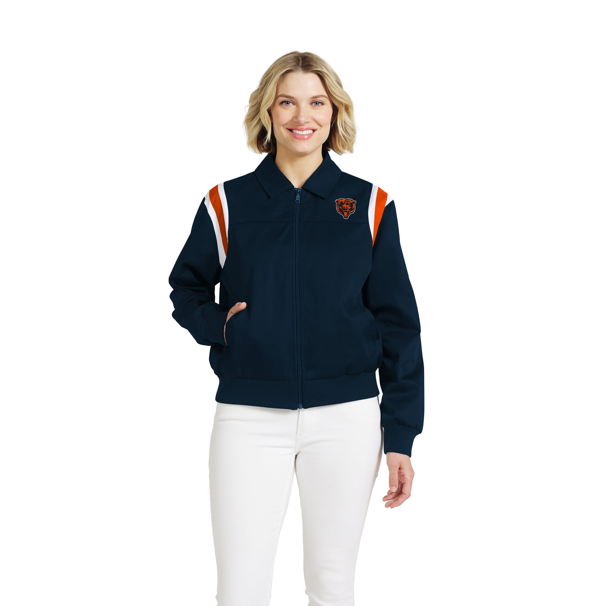 Veste zippée intégrale en sergé à rayures sur les épaules, bleu marine, style Chicago Bears, de la marque WEAR by Erin Andrews.